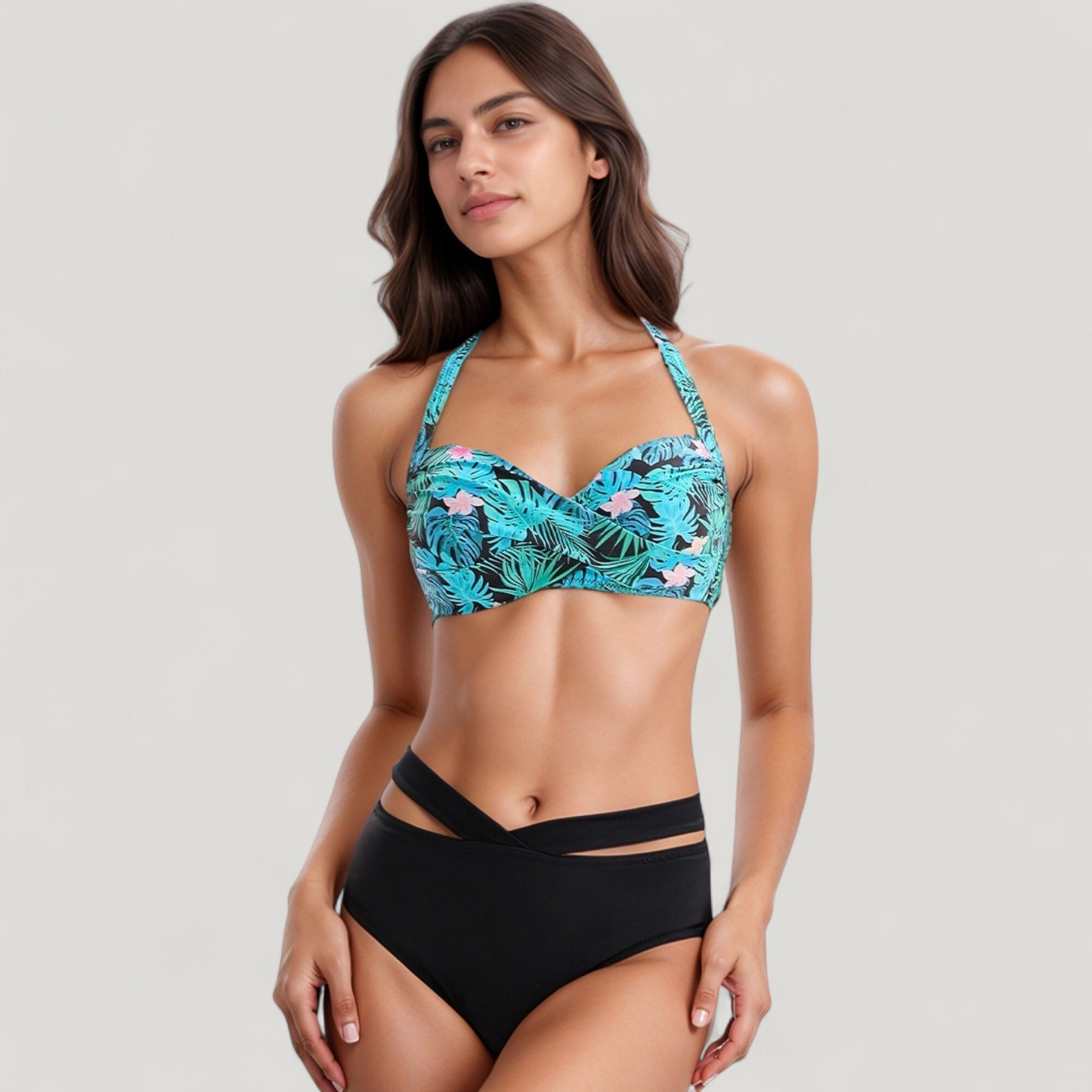 Anna-Kaci Women’s Tropical Floral Bikini Set - Wide Sweetheart Top, Crisscross High-Waist Bottom