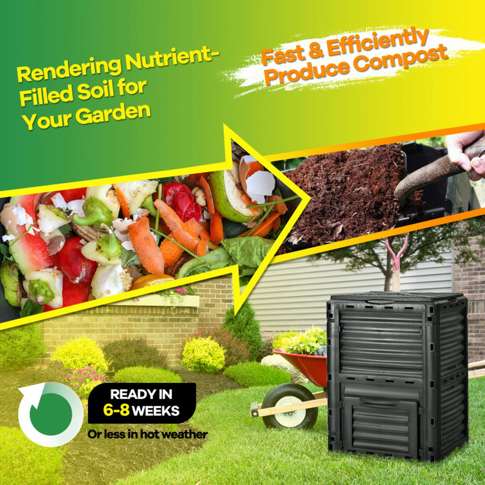 SUGIFT 80-Gal Heat-Retaining PP Openable Lid Bottom Exit Door Outdoor Composter Bin 23.5-in x 23-in x 32-in Black