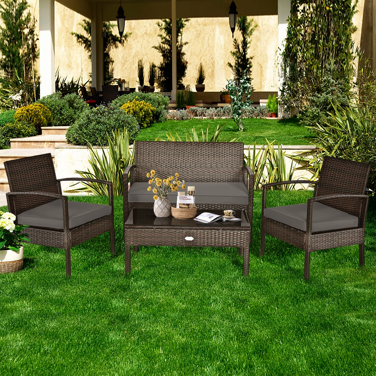 SUGIFT Patio Conversation Furniture Set with Loveseat Chairs and Coffee Table 790-lb Loveseat Capacity Brown/Black