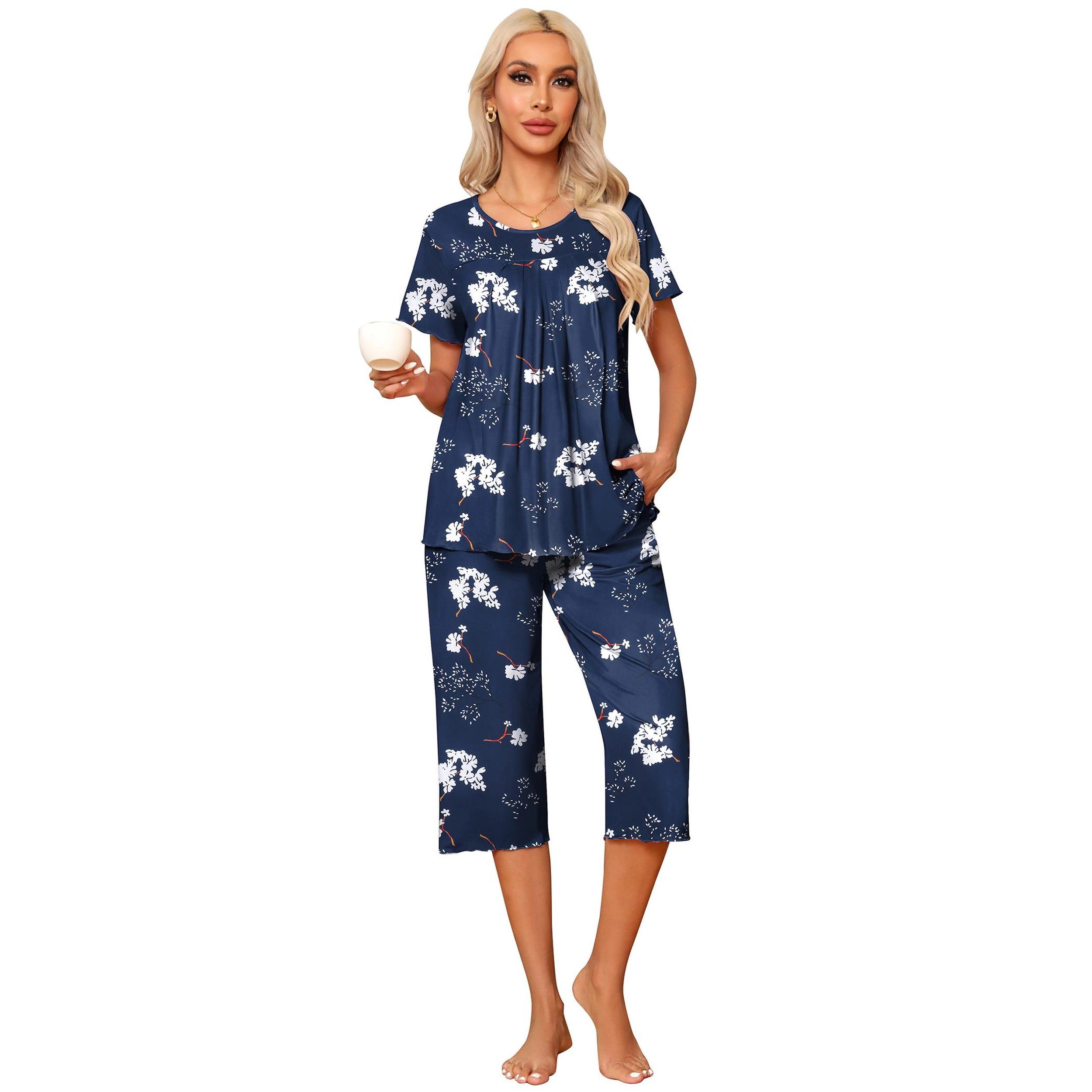 Ekouaer Pajama Set for Women 2 Piece Capri Pants Short Sleeve Top Sleepwear Soft Pjs Loungewear