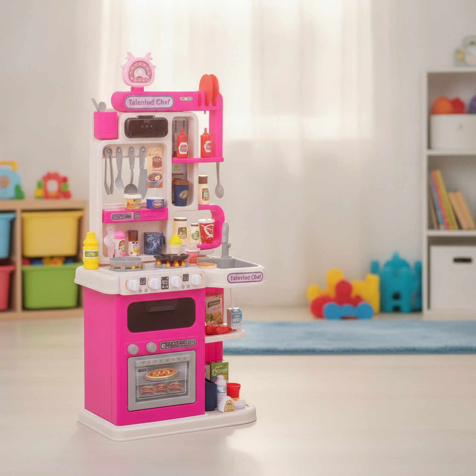 Kids Play Kitchen with 95-pc Accessories Steam Effect Water Circulation Lights and Sounds 17.5-in x 9.5-in x 36-in Pink