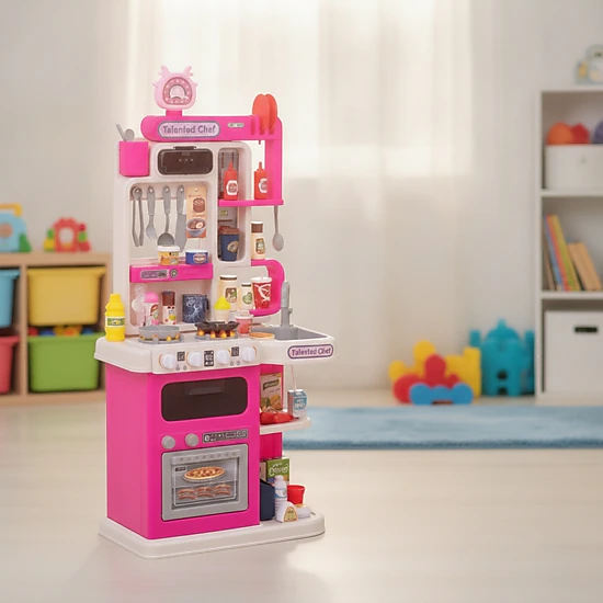 Kids Play Kitchen with 95-pc Accessories Steam Effect Water Circulation Lights and Sounds 17.5-in x 9.5-in x 36-in Pink