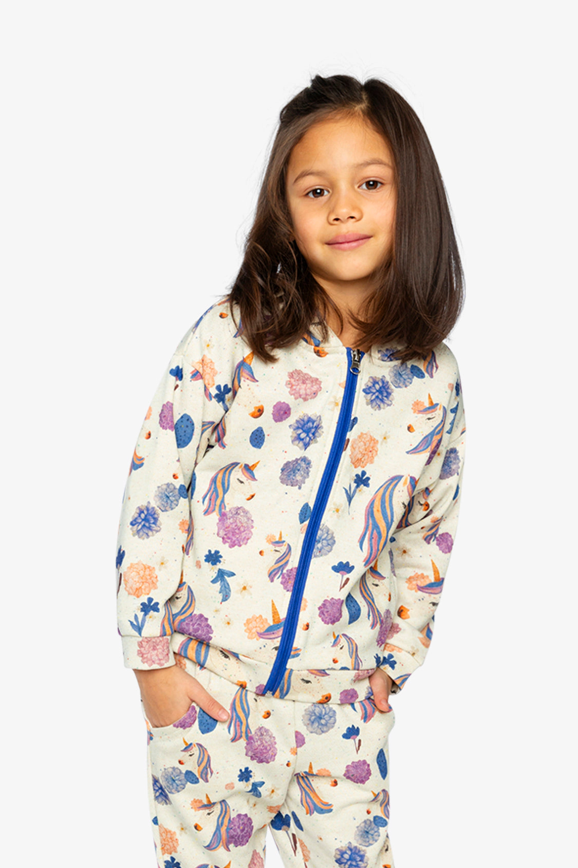 Deux par Girls Hooded Zip-Front Unicorn Print French Terry Cardigan