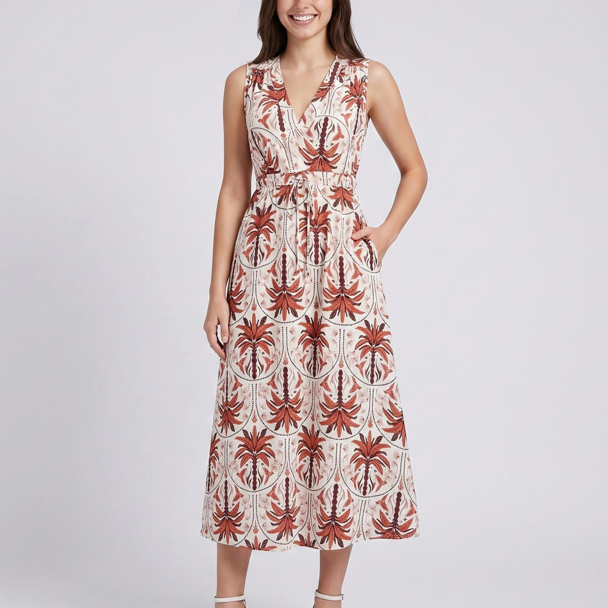 Anna-Kaci Women's Botanical Print Sleeveless V-Neck Tie Waist Side Pockets A-Line Maxi Dress