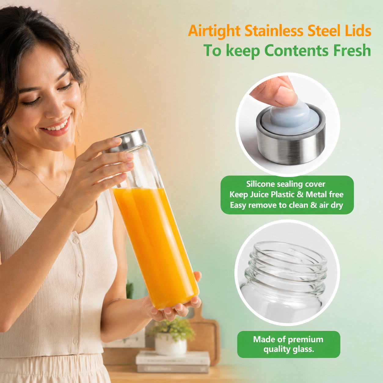 WZK 24 Oz Set of 6 Airtight Leak Proof Lids Glass Juice Bottles