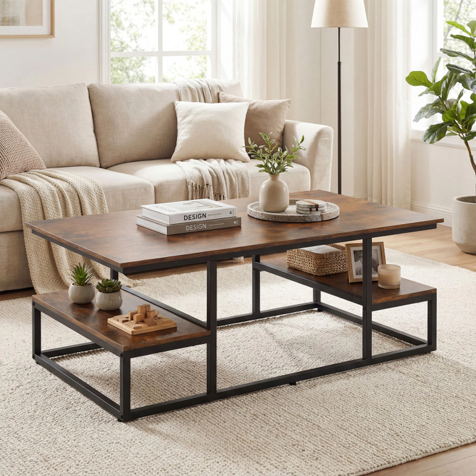 SUGIFT 43-in 176-lb Capacity Rustic Brown Rectangle Coffee Table with 2 Open Shelves and Metal Frame