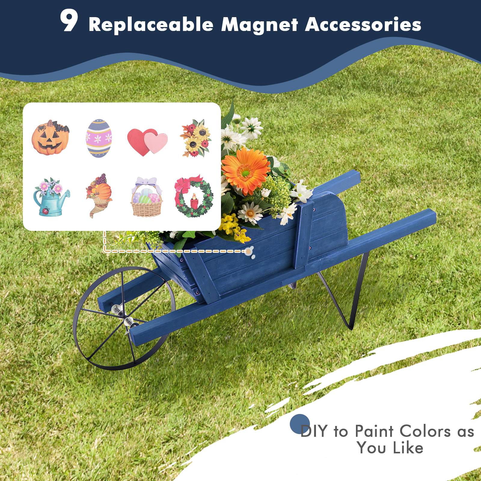 SUGIFT Blue Wooden Wagon Planter with 9 Magnetic Accessories Decorative Wheelbarrow for Garden Yard