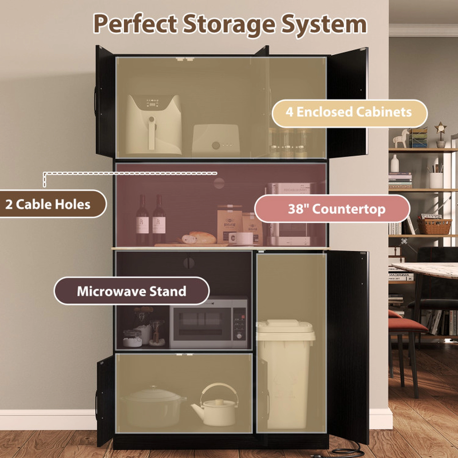 SUGIFT Tall Kitchen Pantry Cabinet with Charging Station 77-lb Countertop 44-lb Microwave Stand Black
