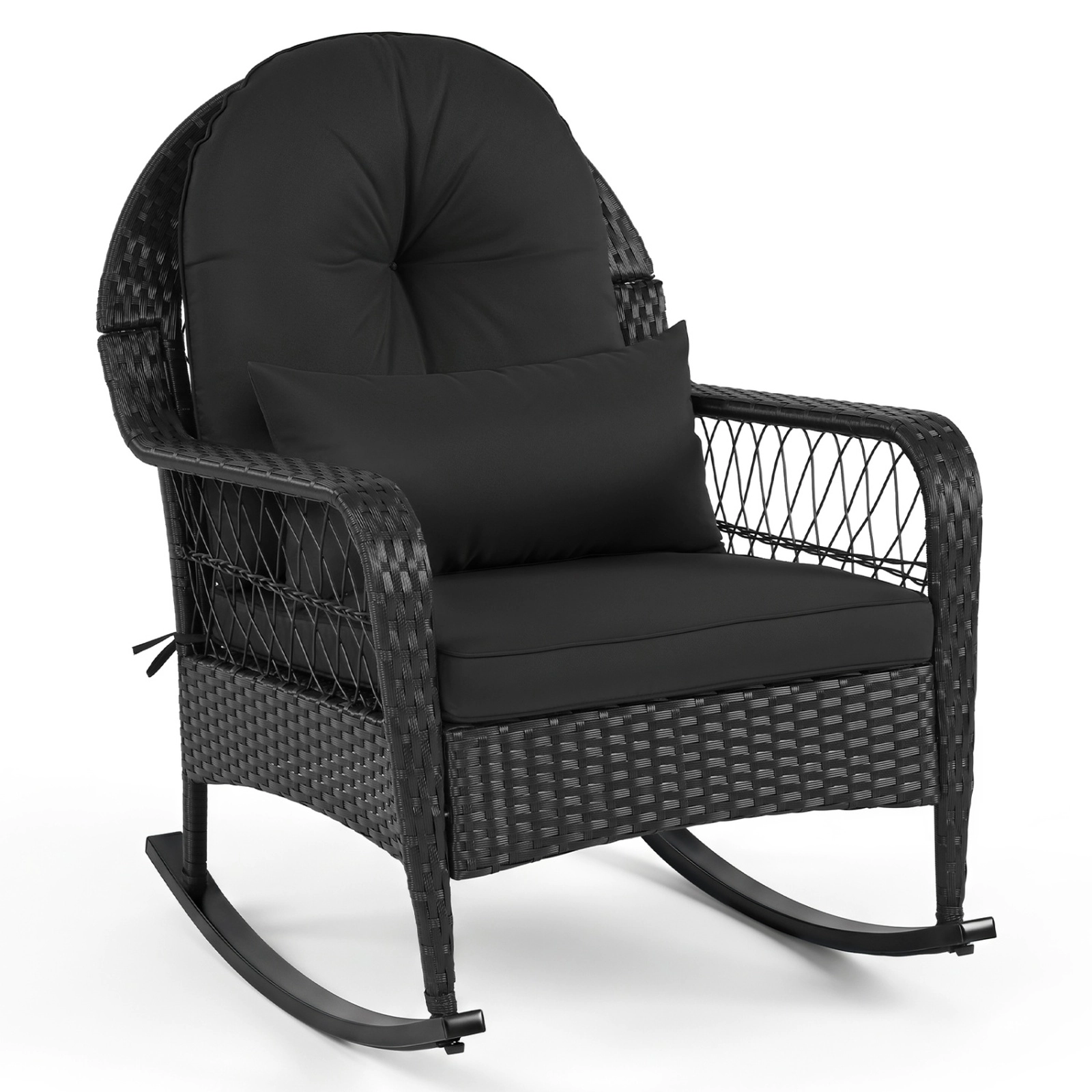 SUGIFT Black Anti-Tip Stoppers and 3-Piece Cushion Set Outdoor Wicker Rocking Chair