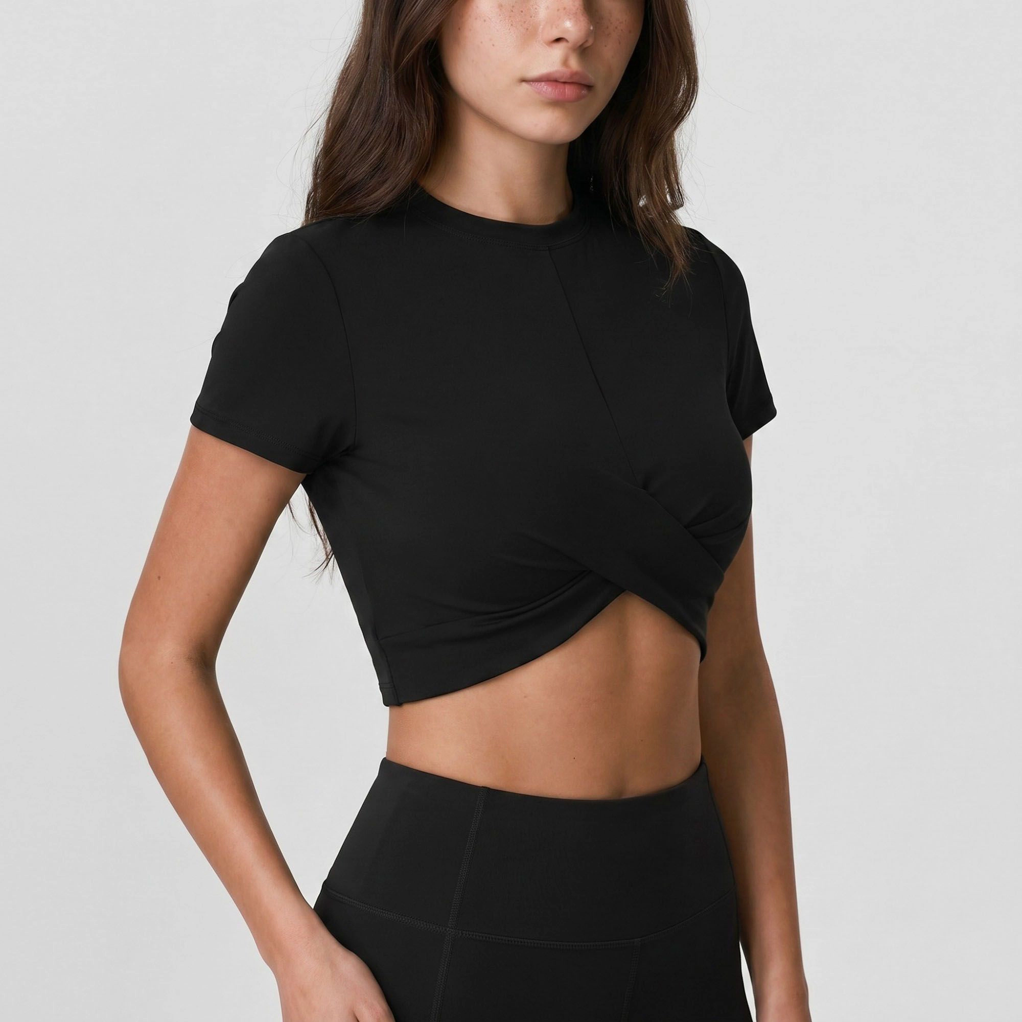 Anna-Kaci Women's Short Sleeve Twist Front Crop Workout Top Crew Neck Yoga Activewear T-Shirt