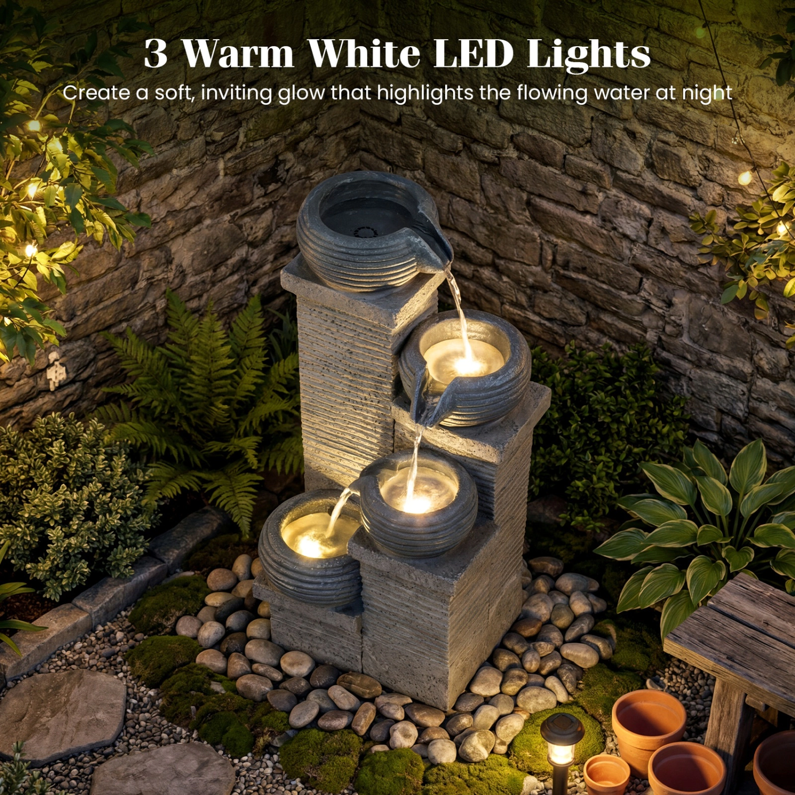 SUGIFT Gray 4-Tier 23-in Outdoor Water Fountain with LED Lights Cascading Bowl Waterfall in Resin