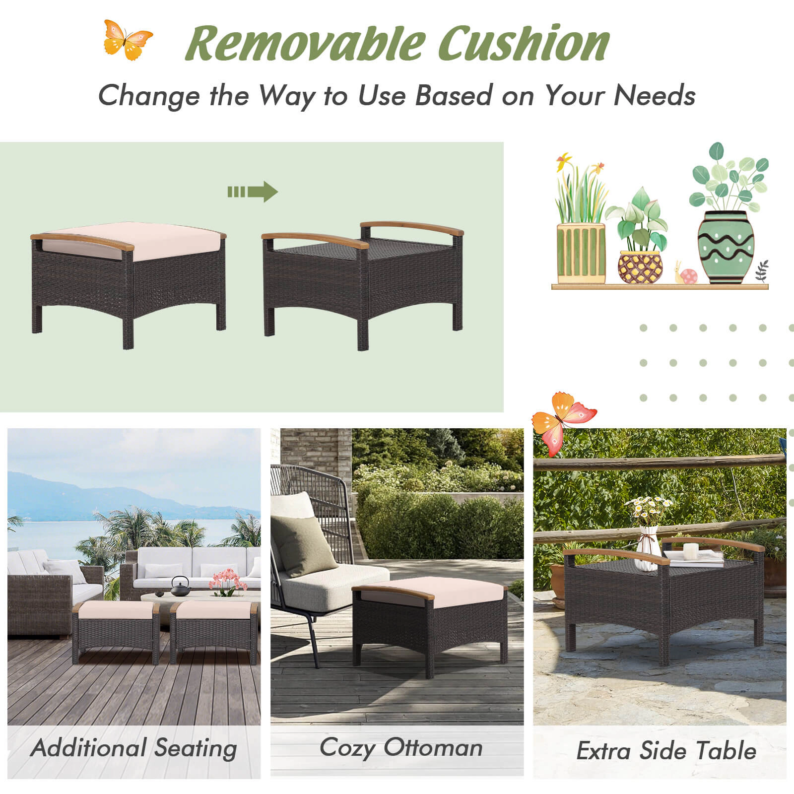 SUGIFT Set of 2 Brown Wicker Patio Ottomans with Acacia Handles and Washable Cushions