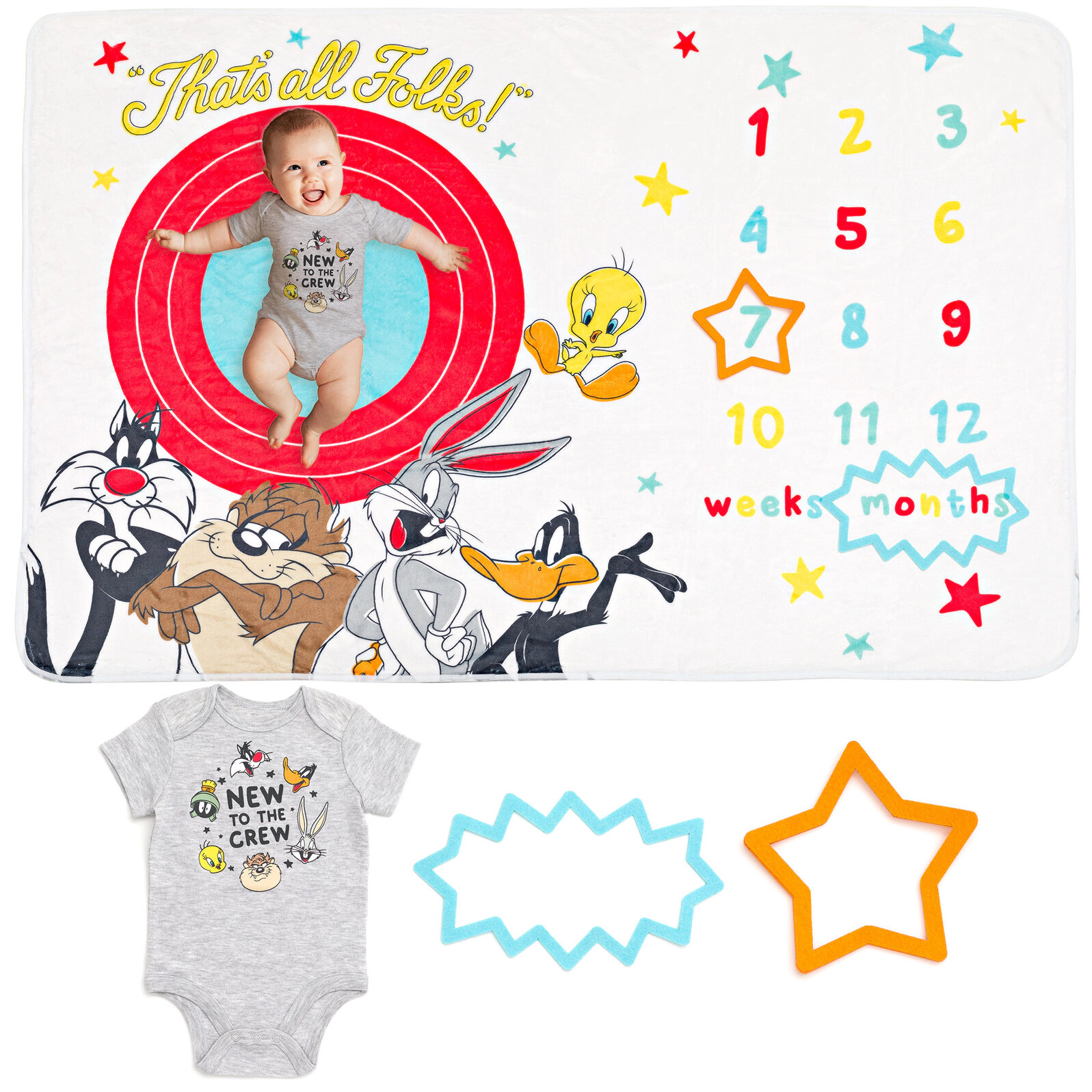 Looney Tunes Baby Boy or Girl Baby Shower Bodysuit and Blanket Set