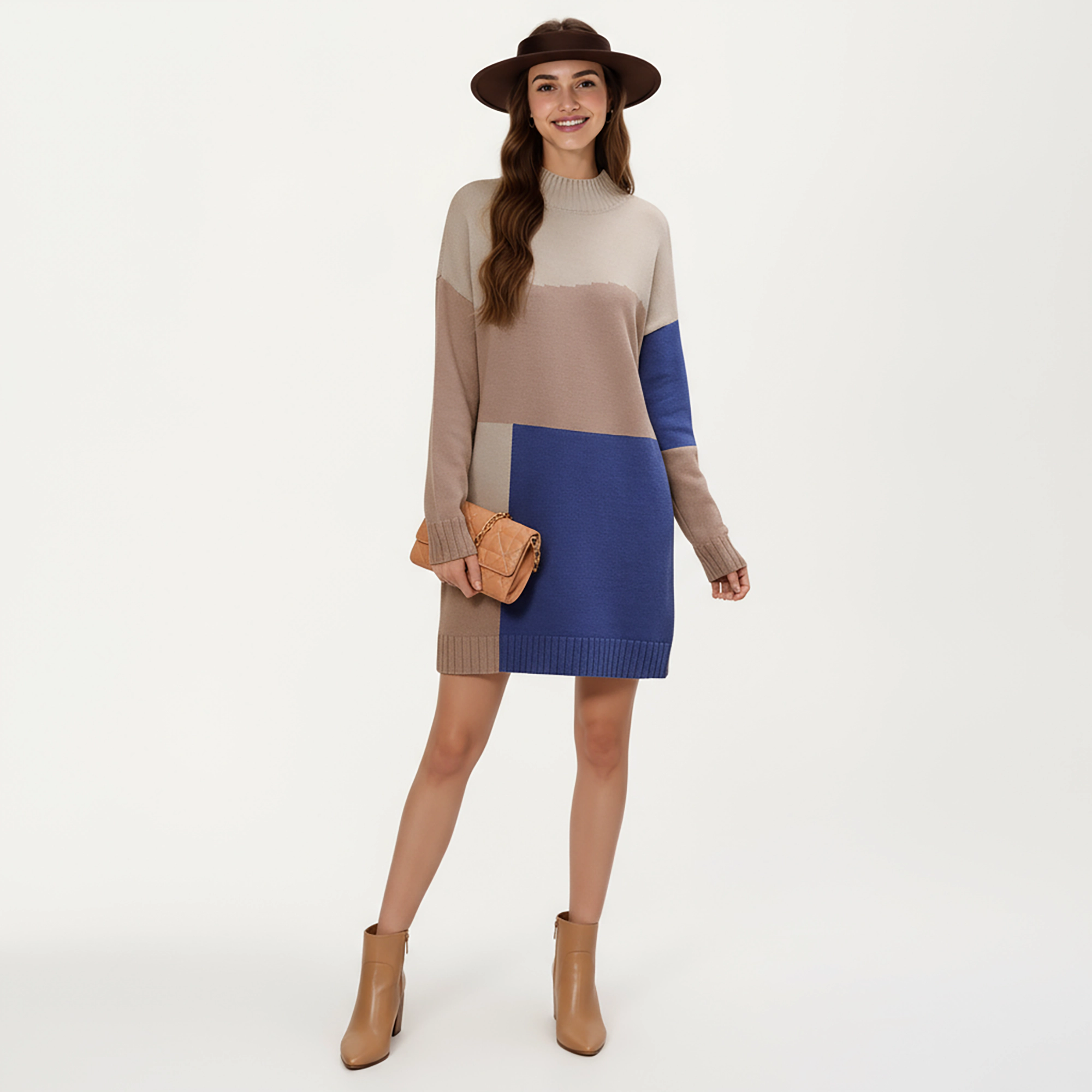 Anna-Kaci Women's Colorblock Knit Long Sleeves Ribbed Edges Straight Sweater Dress