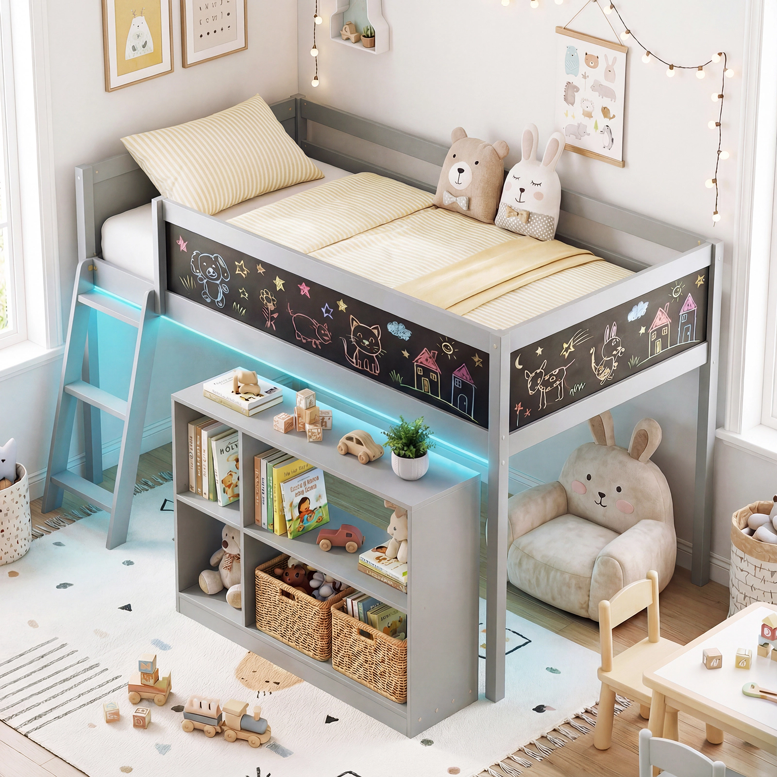 Costway Kids Loft Bed w/LED Lights Chalkboard & Removable Bookcase Safety Guardrail White