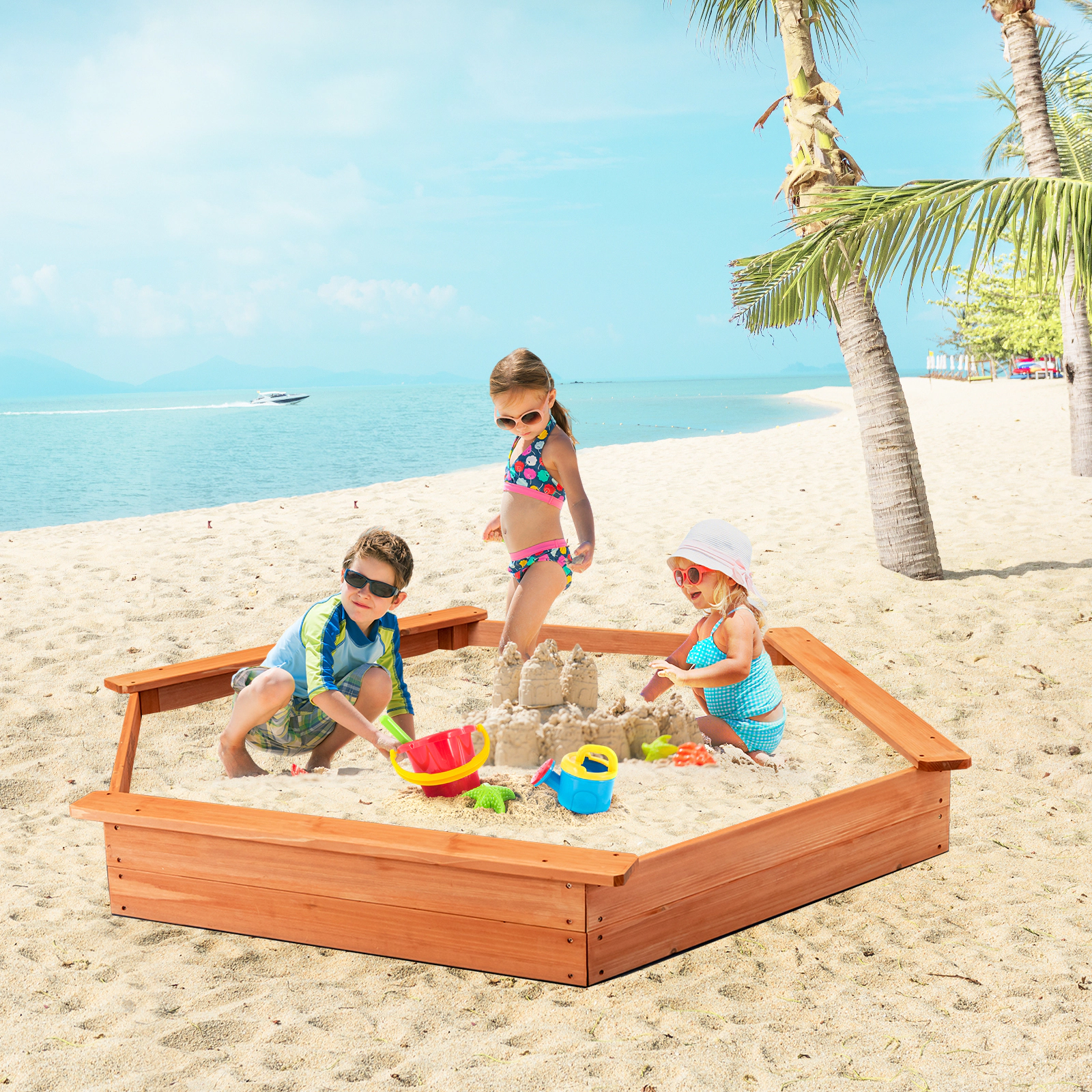 LJG Kids Hexagon Wooden Cedar Sand Box with Seat Boards