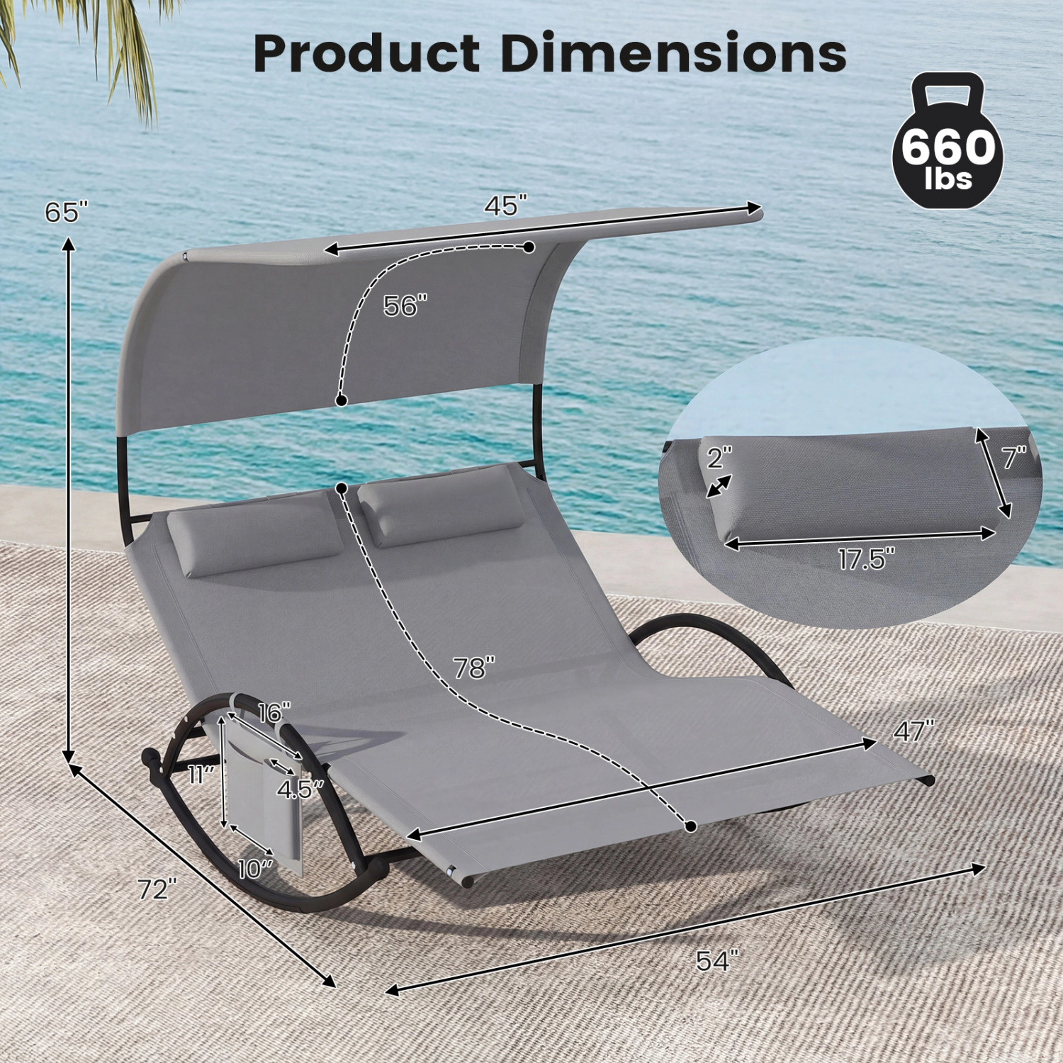 LJG Outdoor Dual Rocker Sunbed 2-Person Canopied Patio Lounger with Detachable Headrests