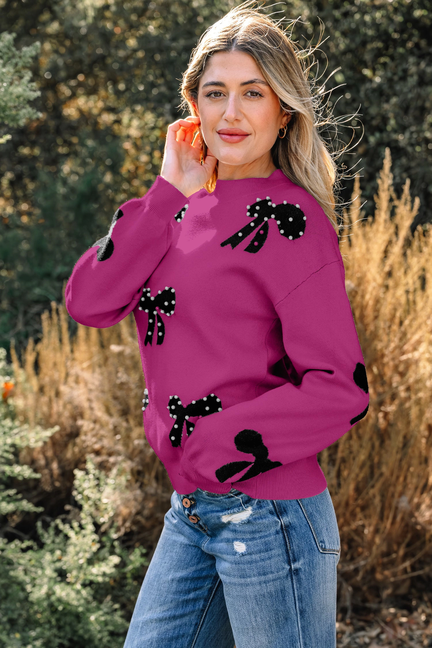 Threaded Pear Women's Lucy Bow Pattern Loose Sweater