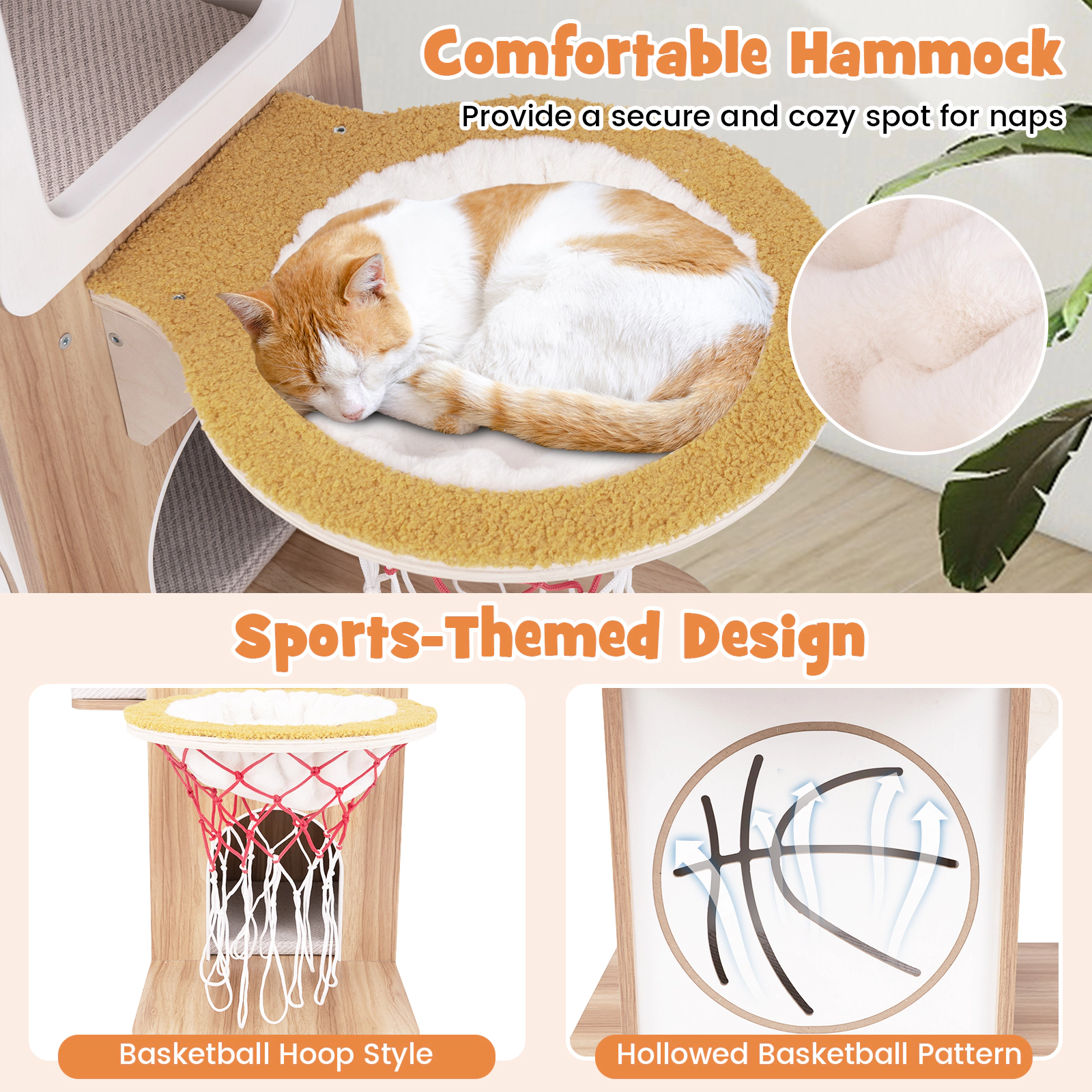 SUGIFT Natural 47 in Wooden Cat Tree with 2-Story Condo and Basketball Hoop Hammock