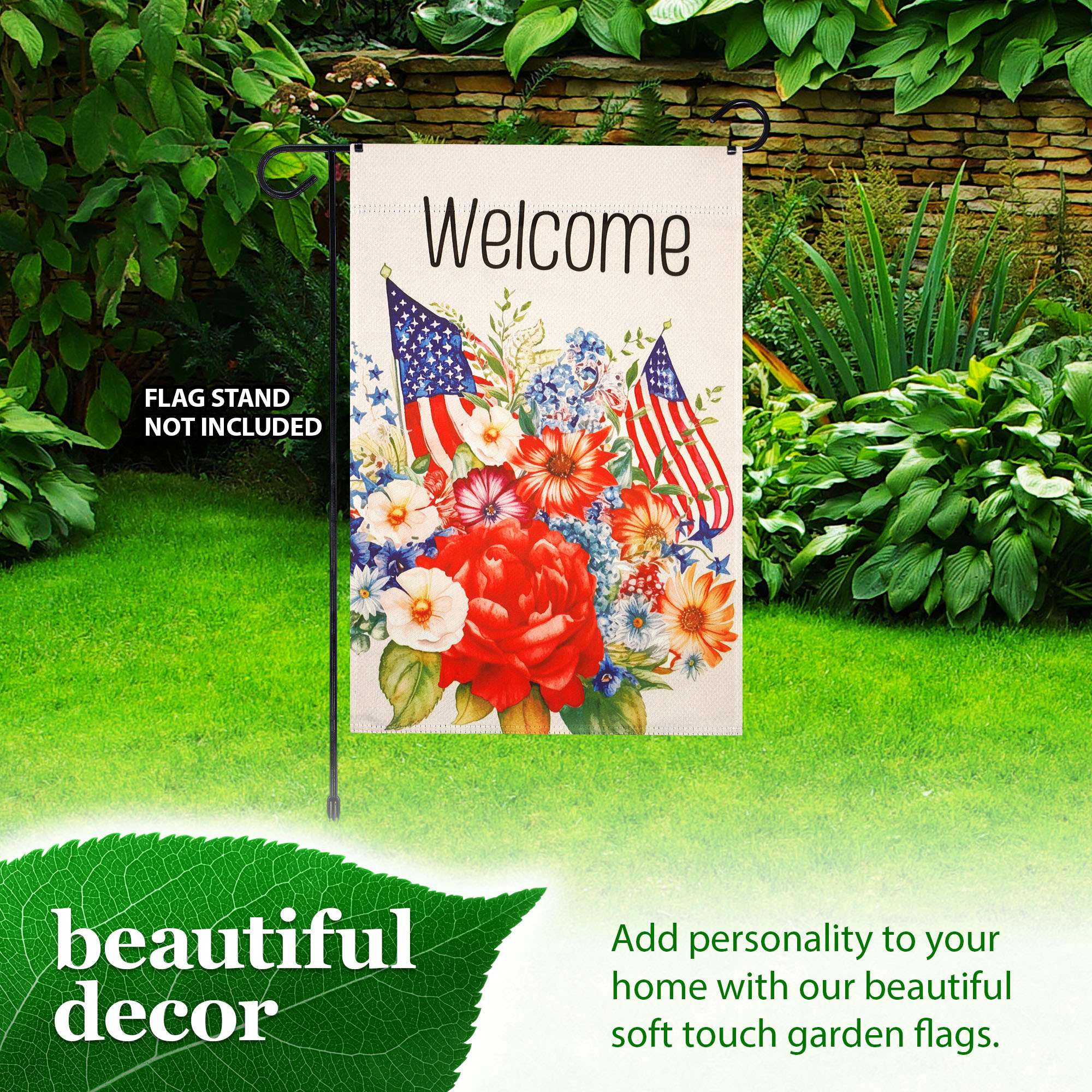 G128 12x18 in Double-Sided Patriotic Welcome Garden Flag - Red White Blue Floral