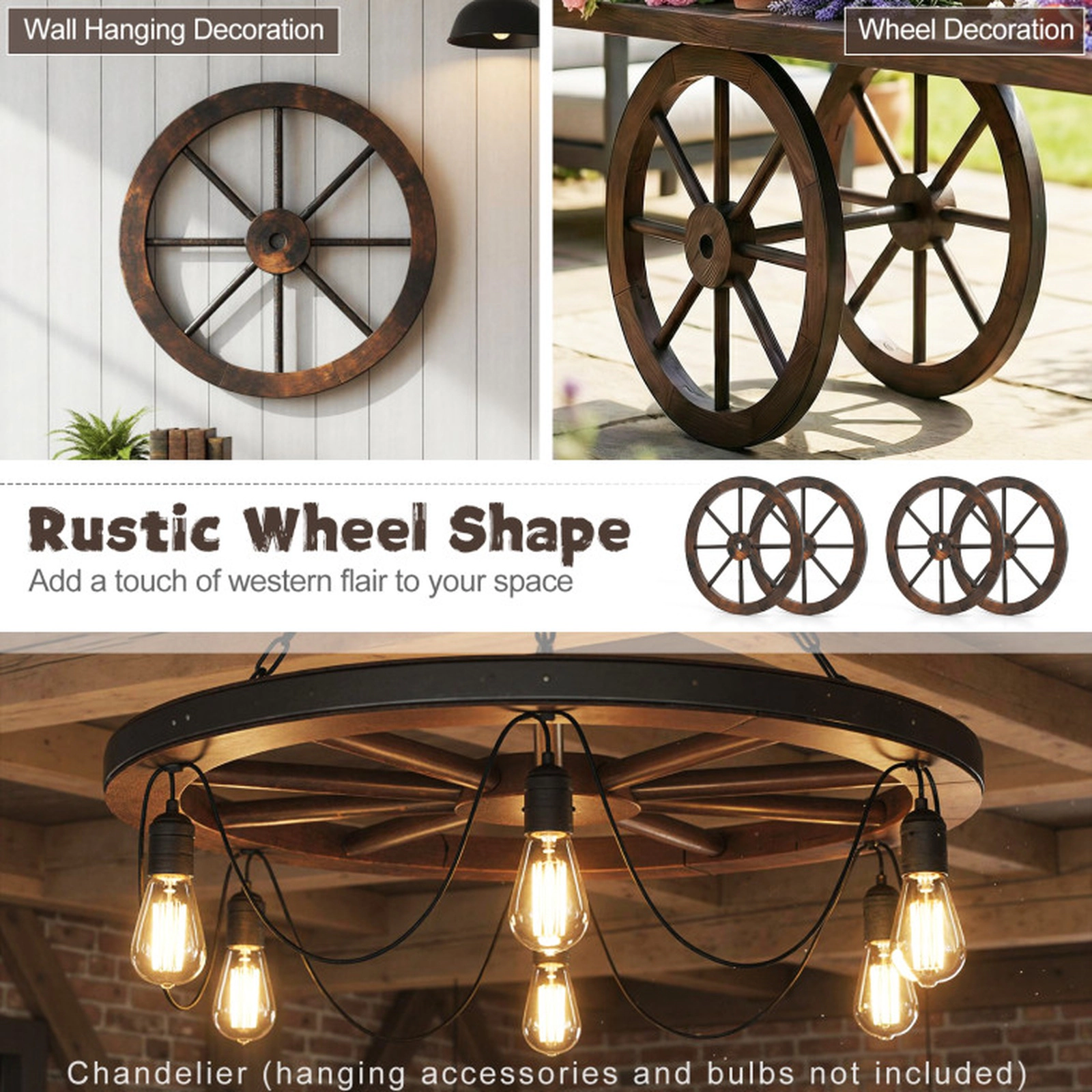 SUGIFT Retro-Inspired Decorative Wooden Wagon Wheel Set of 2 Yard Art 24-in Diameter Carbonized Fir Wood Rustic Brown