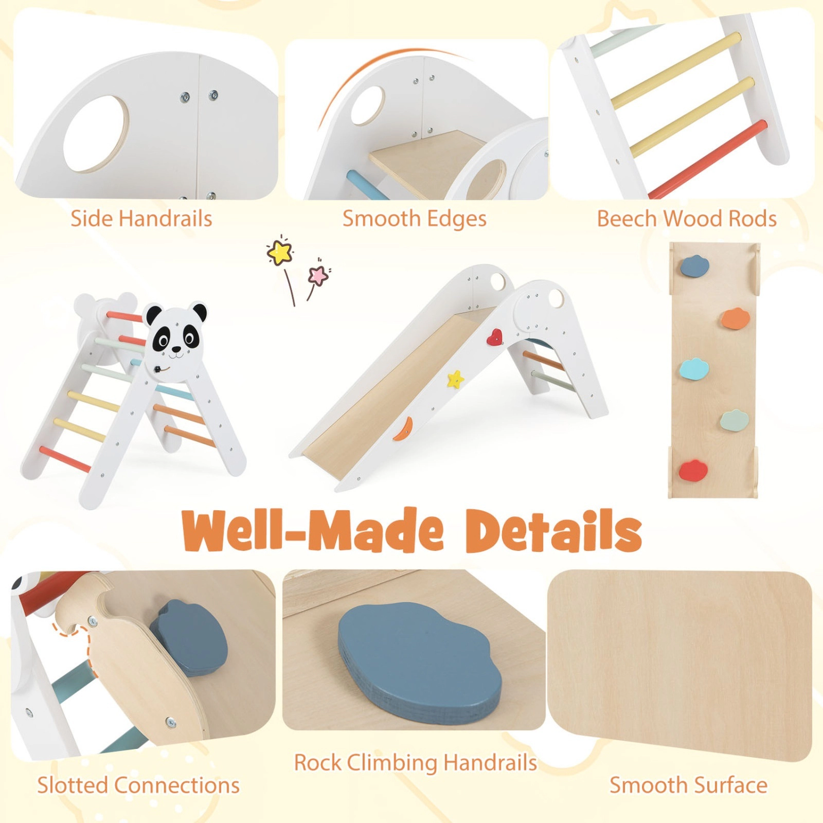 Foldable Kids Climbing Triangle Set Balance Bridge Rock Ramp Swivel Blocks 110-lb Per Piece Ages 3+ Panda Multicolor
