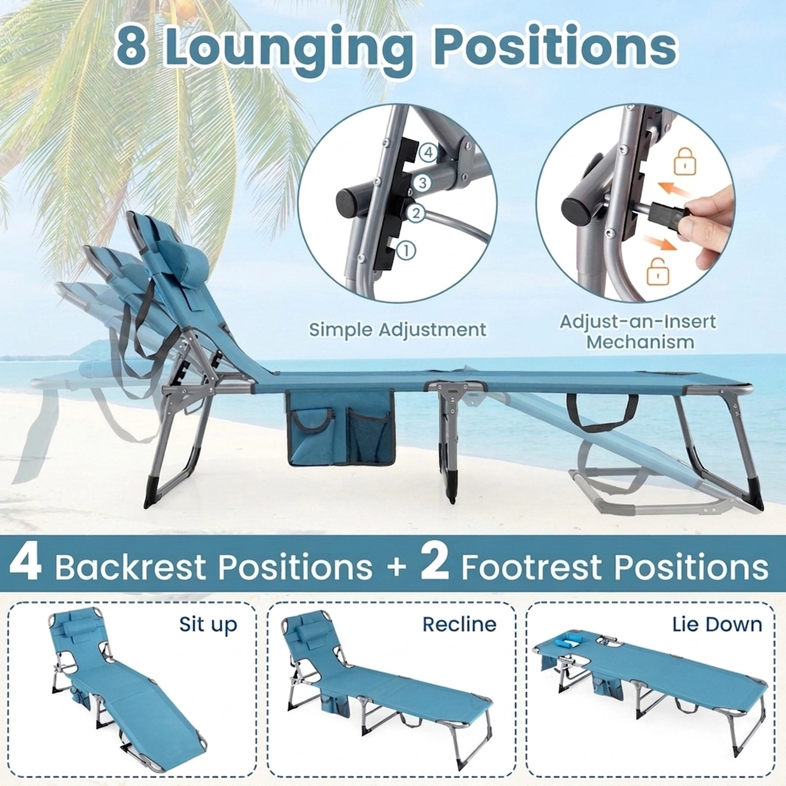 SUGIFT 4-Position Backrest 2-Position Footrest Set of 2 Portable Tanning Chaise Lounge Chairs
