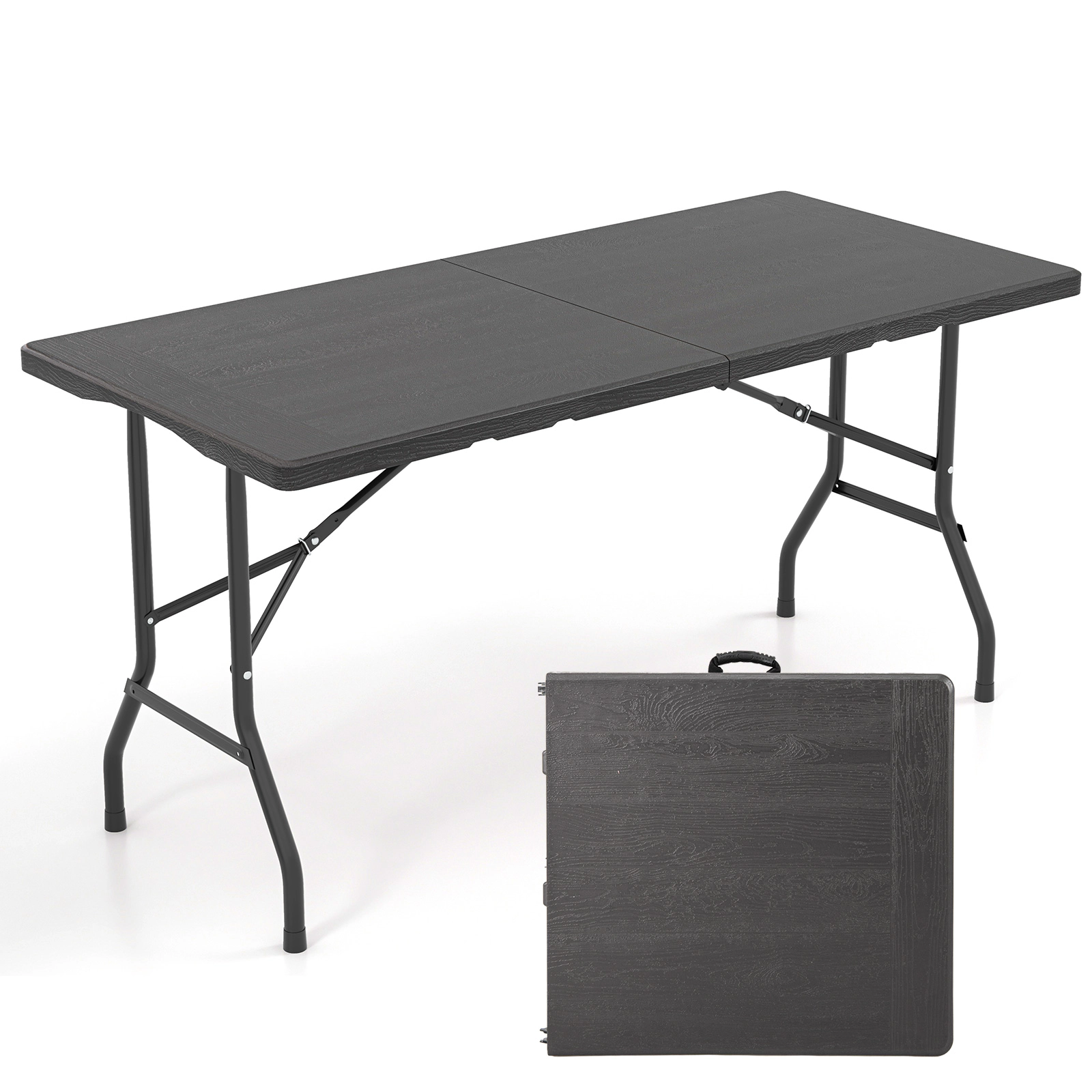 SUGIFT 5 ft Folding Picnic Table Black HDPE Wood Grain Top with Carry Handle