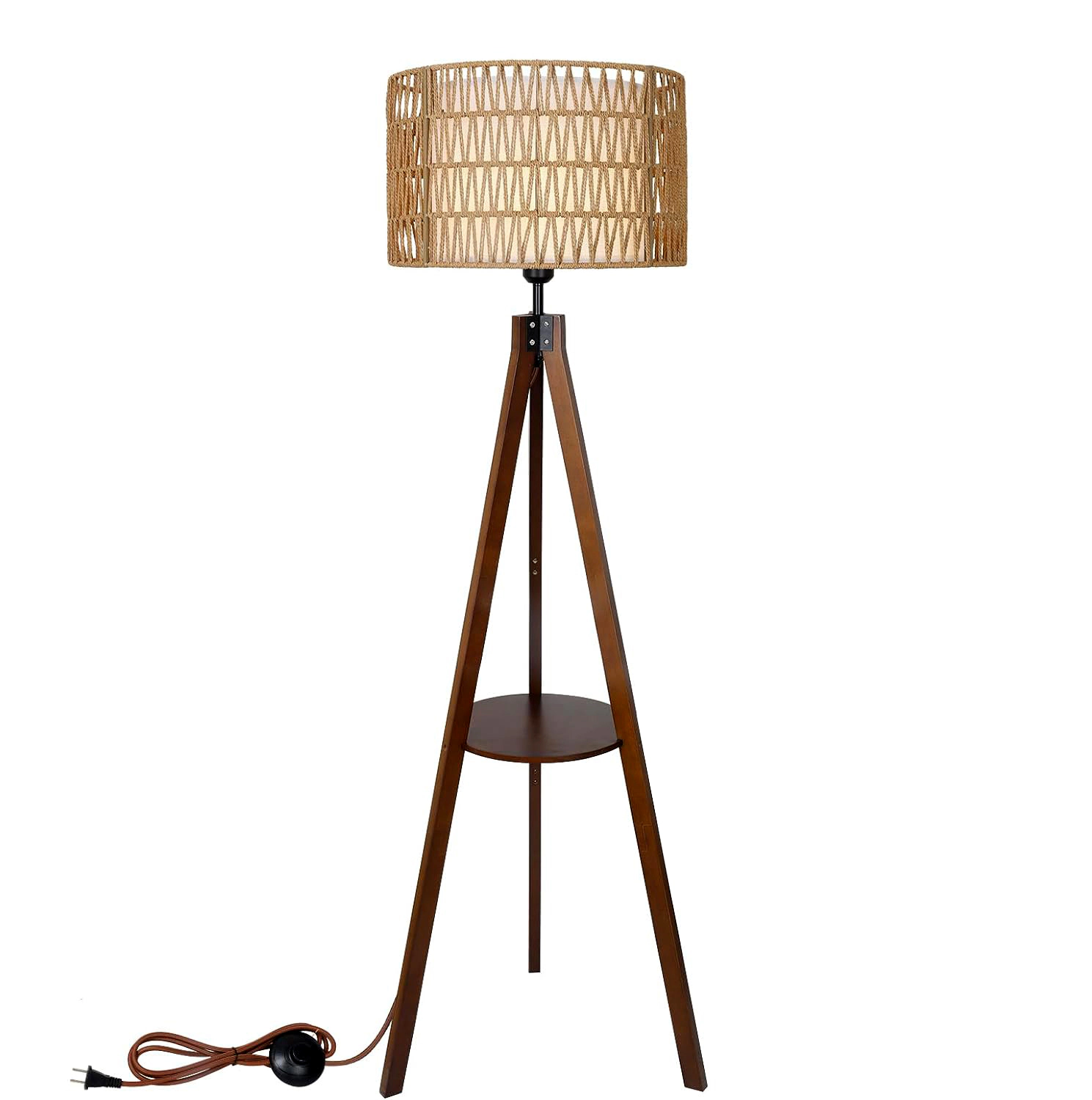 Mega Casa 59'' Tall Boho Tripod Floor Lamp with Wooden Shelf, Standing Lamp with Hand-Woven Rattan Shade