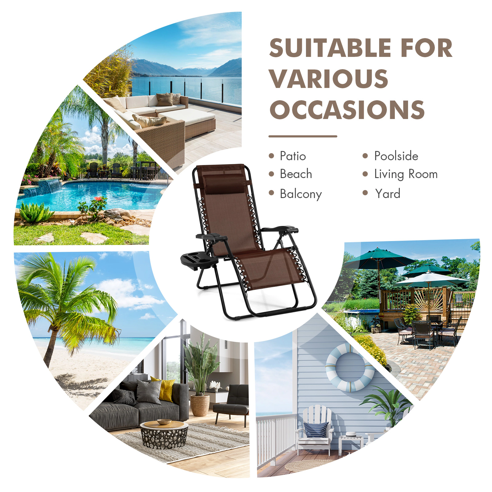 SUGIFT Zero Gravity Reclining Lounge Chair Folding Patio Recliner with Utility Tray