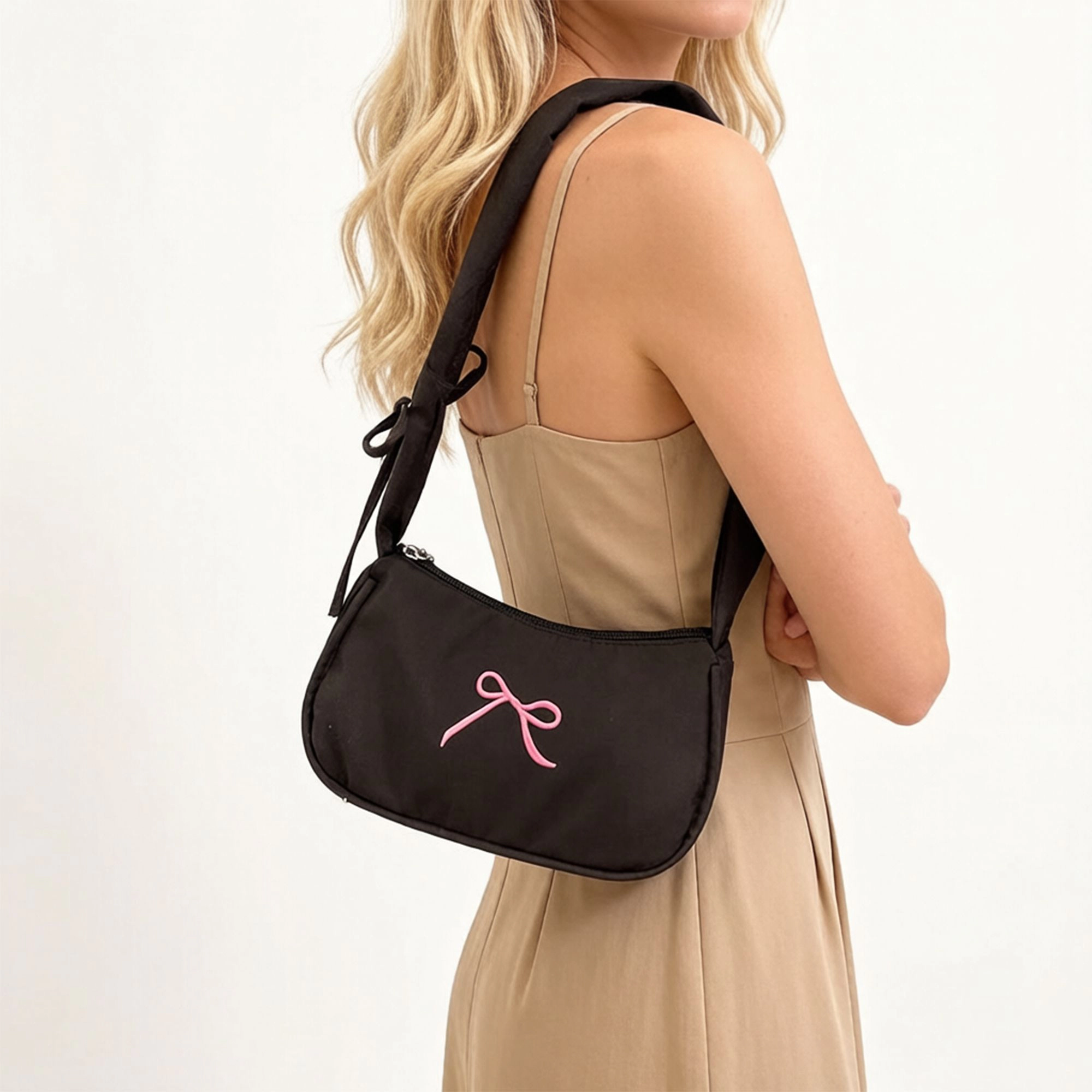 Alilang Women's Small Bow Embroidered Shoulder Bag with Ruched Strap and Zip Closure, Pink