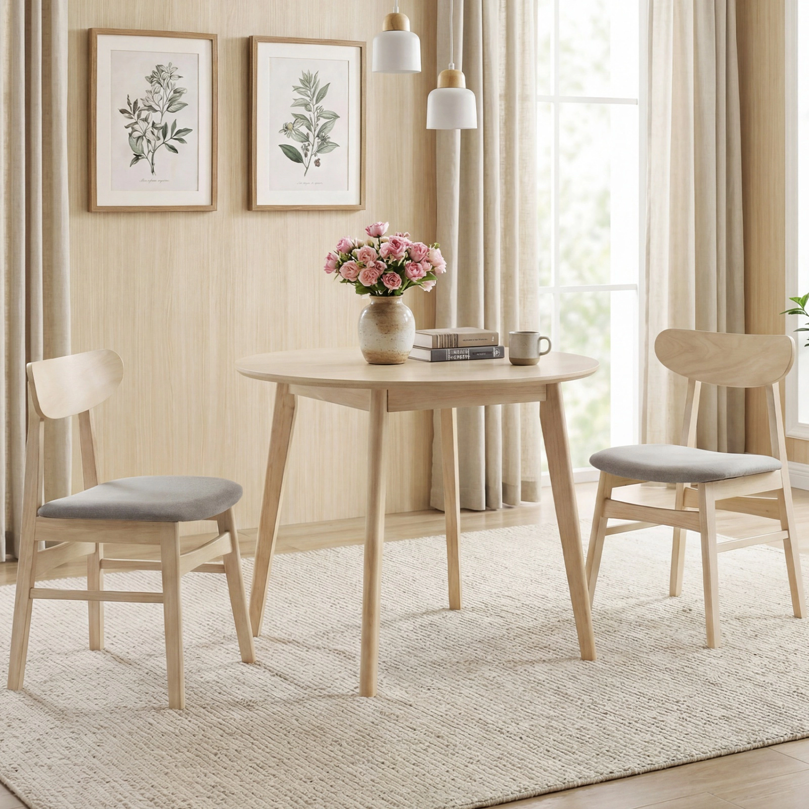 SUGIFT Set of 2 Natural Upholstered Armless Dining Chairs with Ergonomic Curved Seat and Backrest