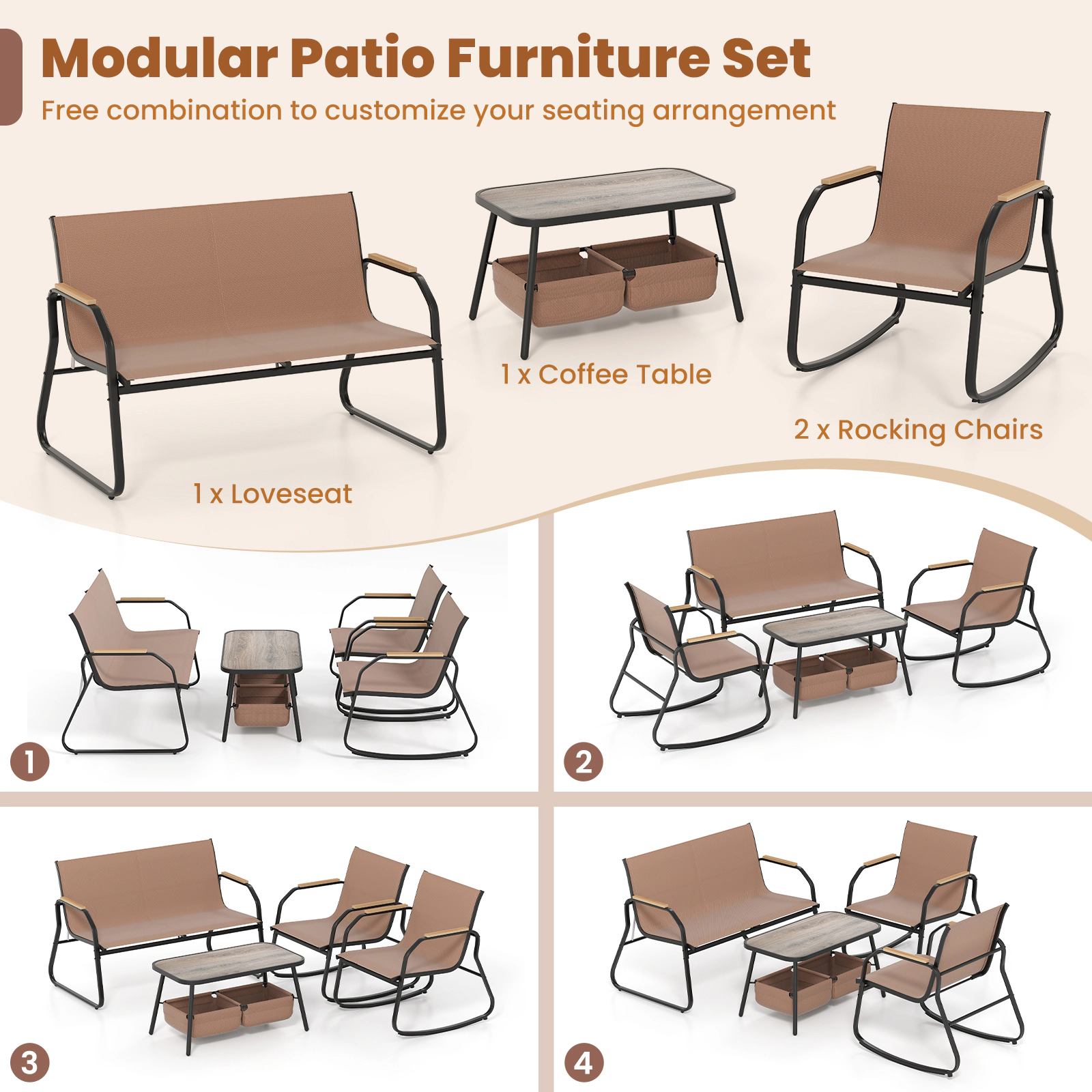 SUGIFT 4 Piece Patio Set Coffee with Rocking Chairs Loveseat and Storage Coffee Table