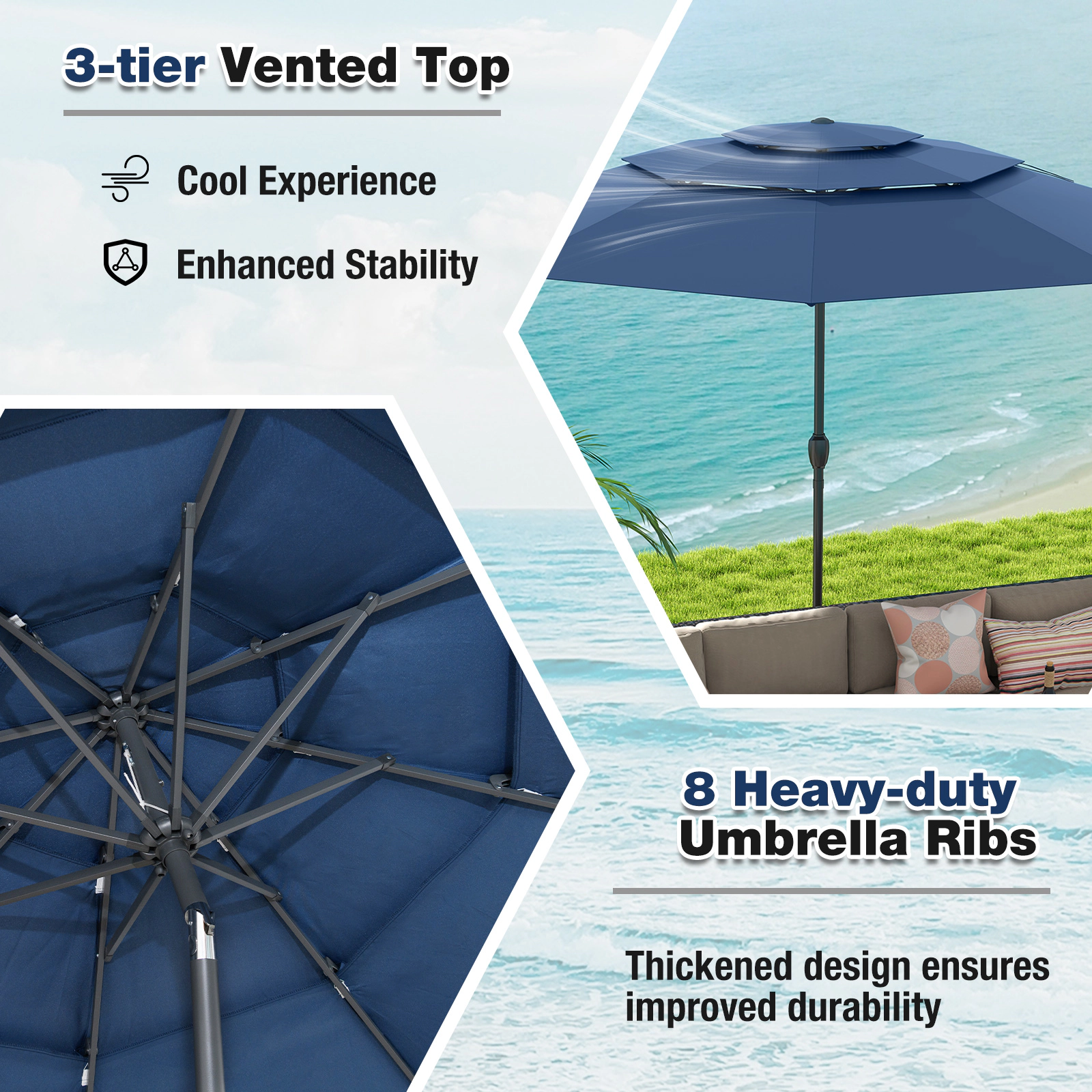 SUGIFT 10-ft Navy 3-Tier Vented Market Patio Umbrella with One-Button Tilt and 6.5-ft Rim Clearance