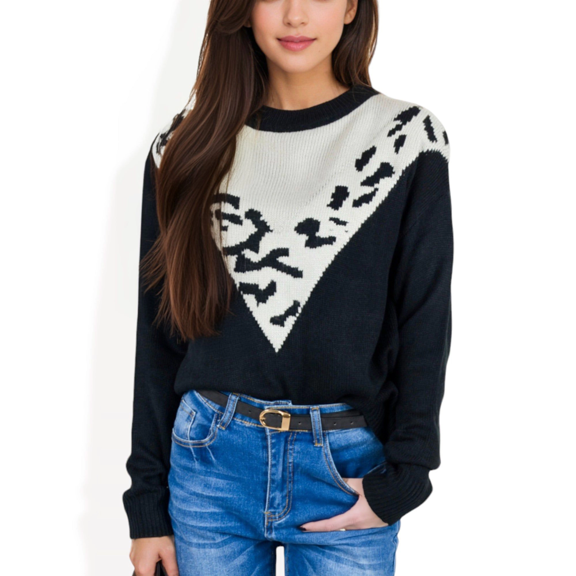 Anna-Kaci Women's Crew Neck Sweater with Contrast Leopard Print Chevron Design for Casual Looks
