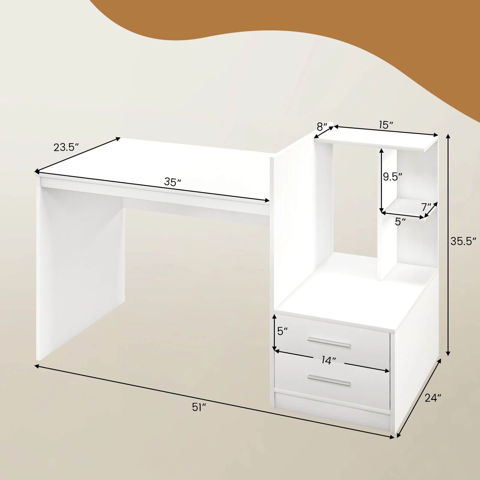 SlickBlue 51" Home Office Desk with Drawers and Corner Bookshelf