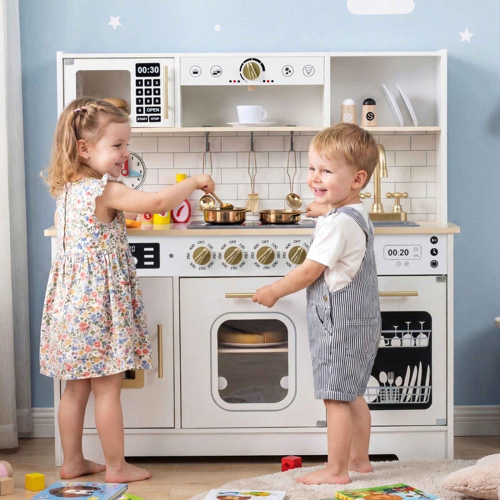 SUGIFT Wooden Play Kitchen with Realistic Lights and Sounds for Kids Ages 3+ 34.5-in Tall Black/White