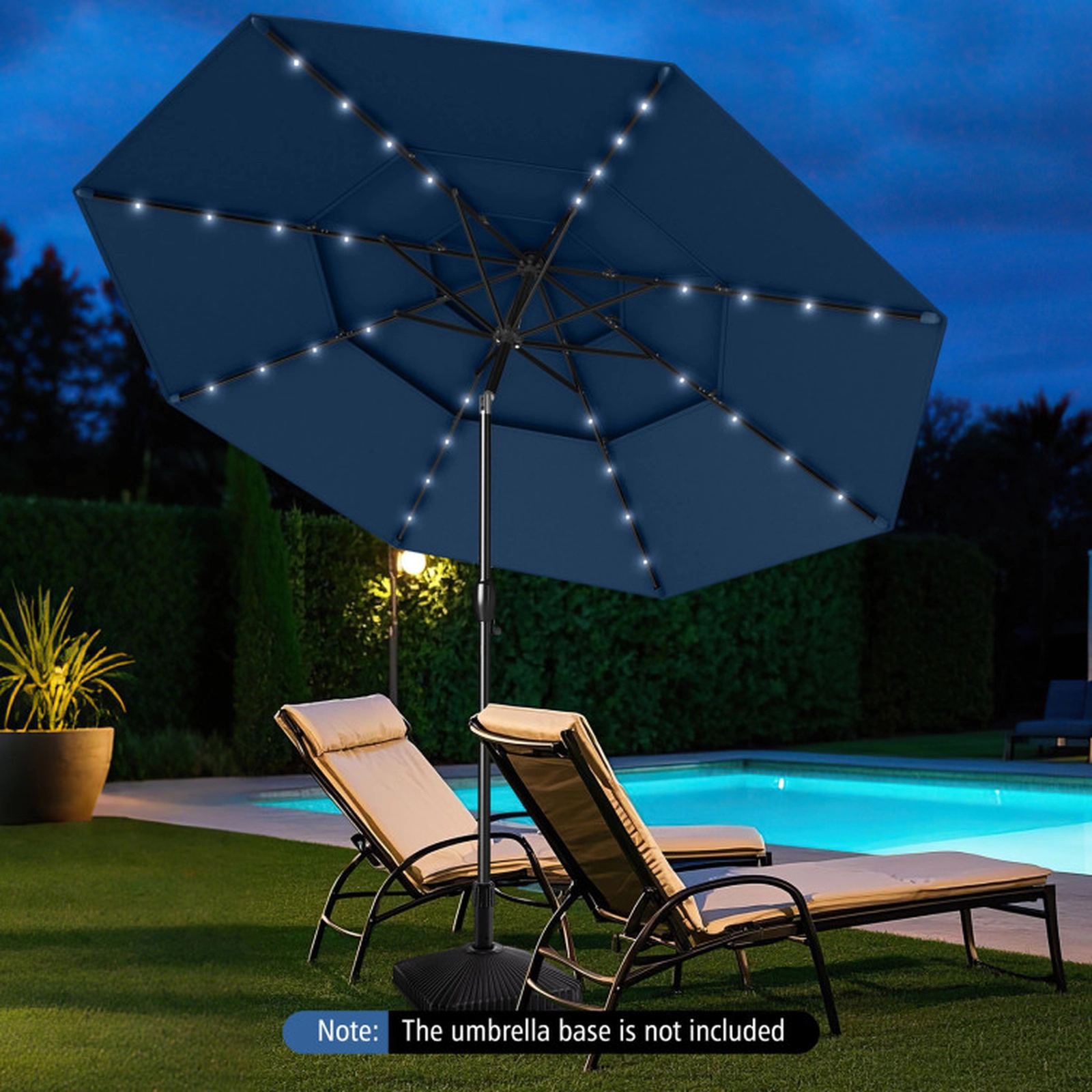SUGIFT 10-ft Navy Solar Market Patio Umbrella with 32 LED Lights 3-Tier Vented Top and Push Button Tilt