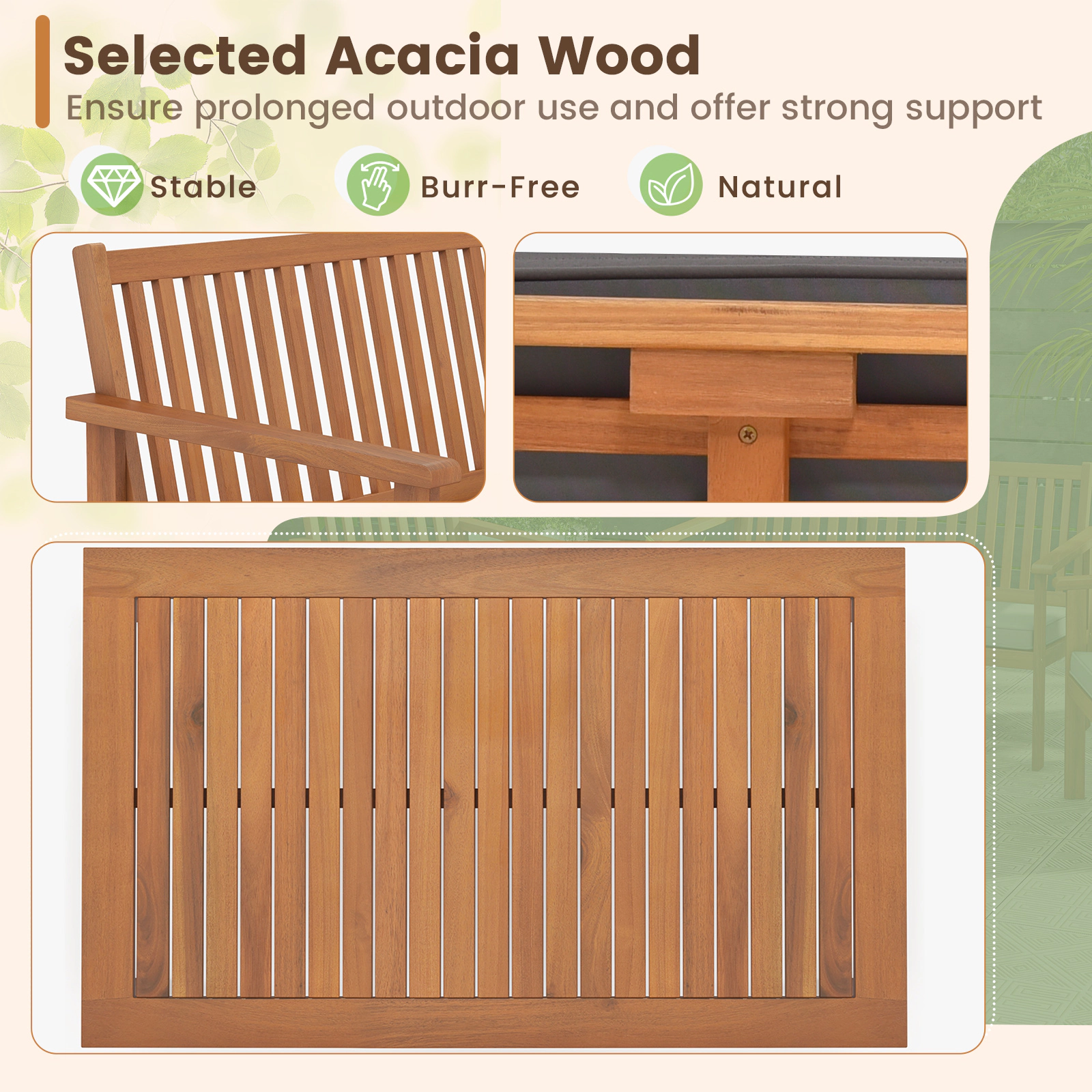 SUGIFT 4-Piece Gray Acacia Wood Patio Conversation Set with Loveseat, Armchairs and Coffee Table