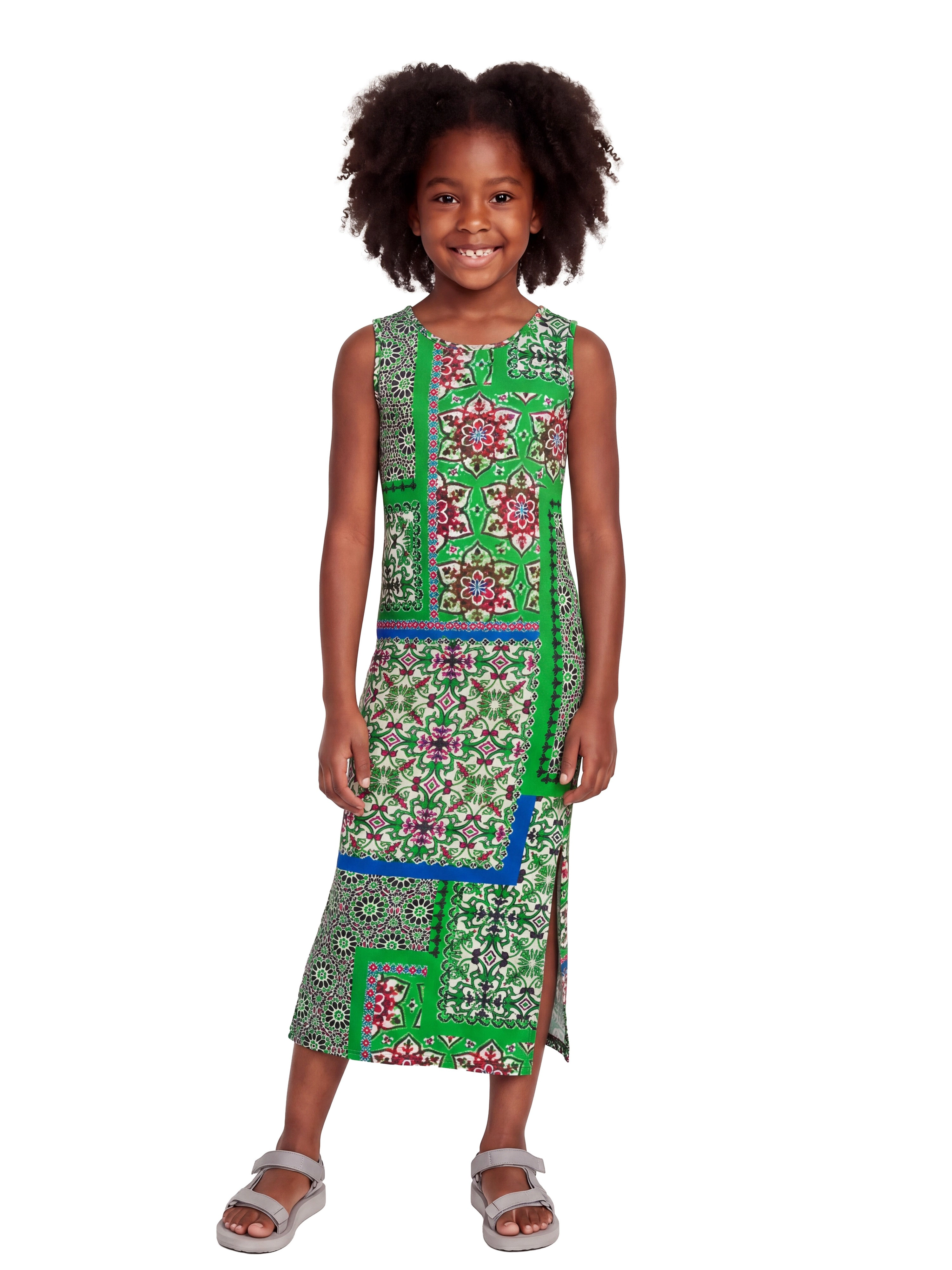 24sevenKid Essential Girls Green Scarf Print Side Slit Maxi Dress
