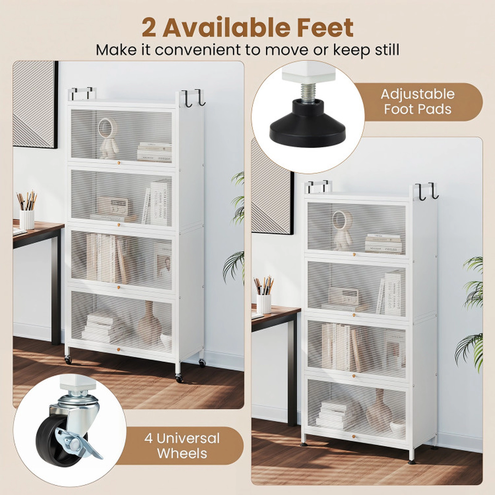 SUGIFT 5-Tier 45-lb Per-Tier 60-in White Storage Cabinet with 4 Flip-Up PC Doors Rolling Wheels and Guardrails