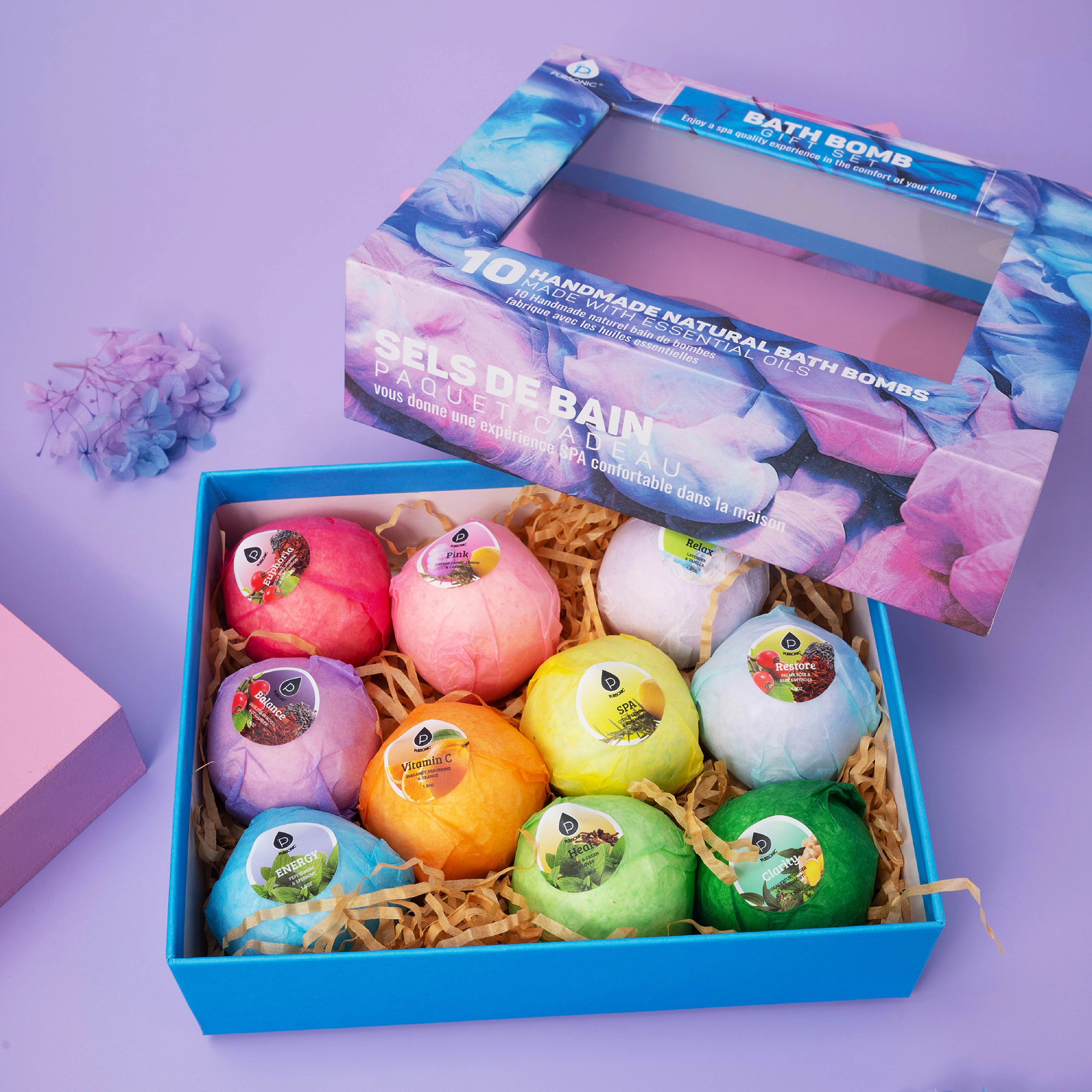 Pursonic Unisex Natural Organic Aromatherapy 10-Piece Handmade Bath Bomb Gift Set