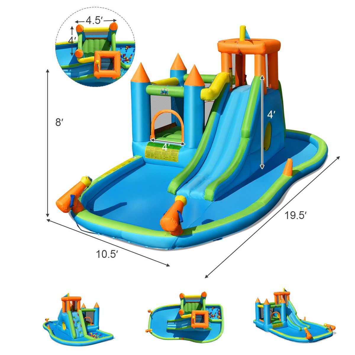 SUGIFT 19.5-ft Inflatable Water Slide Bounce House with Splash Pool Ball Pit and 735W Blower for Yard