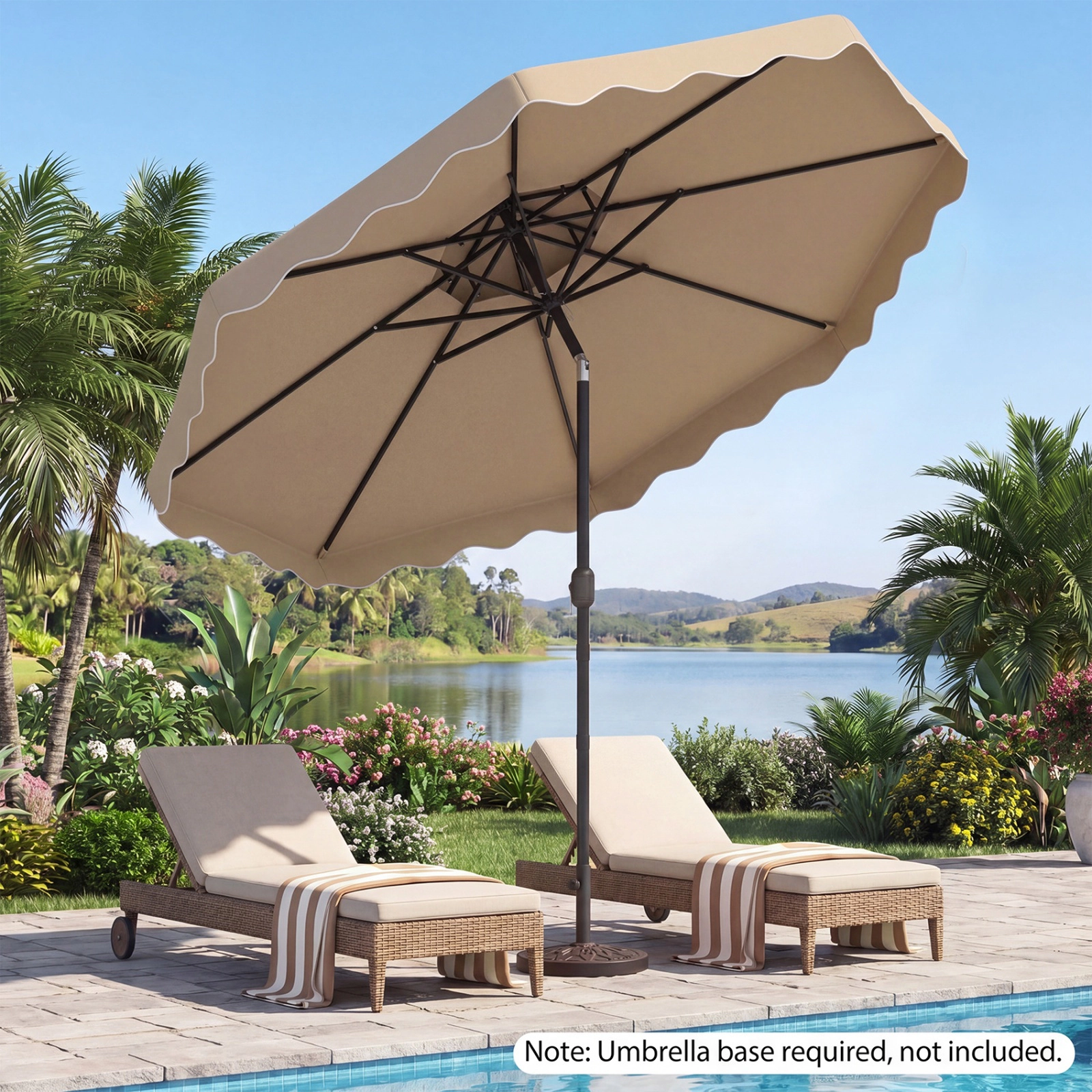SUGIFT 10-ft Beige Round Market Patio Umbrella, Scalloped Canopy, Vented Double Top, 8 Ribs