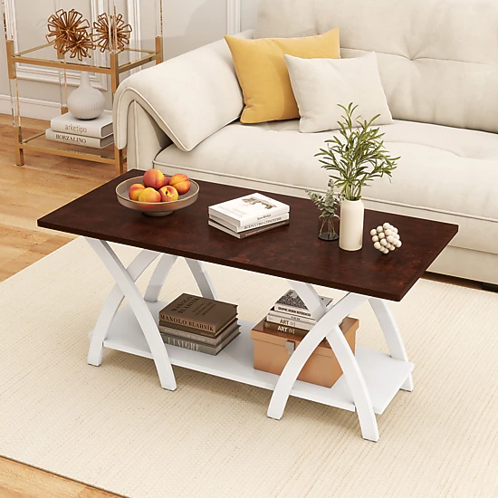 Glintex Farmhouse 40-Inch 2-Tier Coffee Table with X-Shaped Wood Frame, Walnut + White