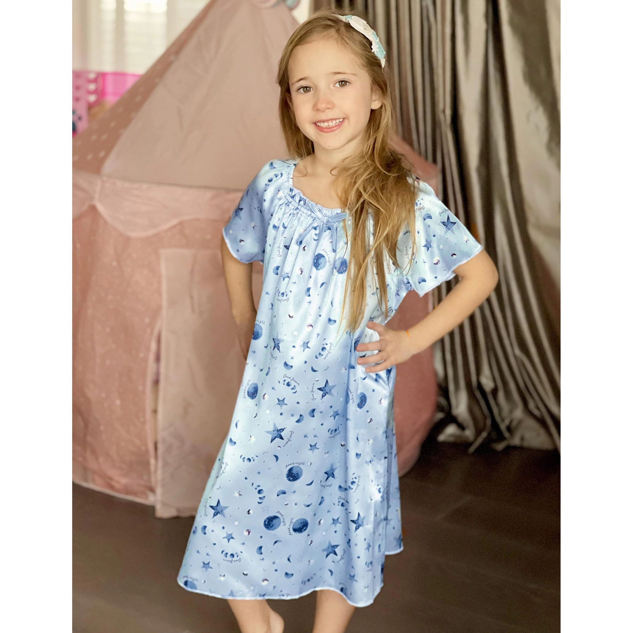 Arshiner Girls Nightgowns Silk Satin Pajama Dress Short Sleeve Soft Princess Sleepwear