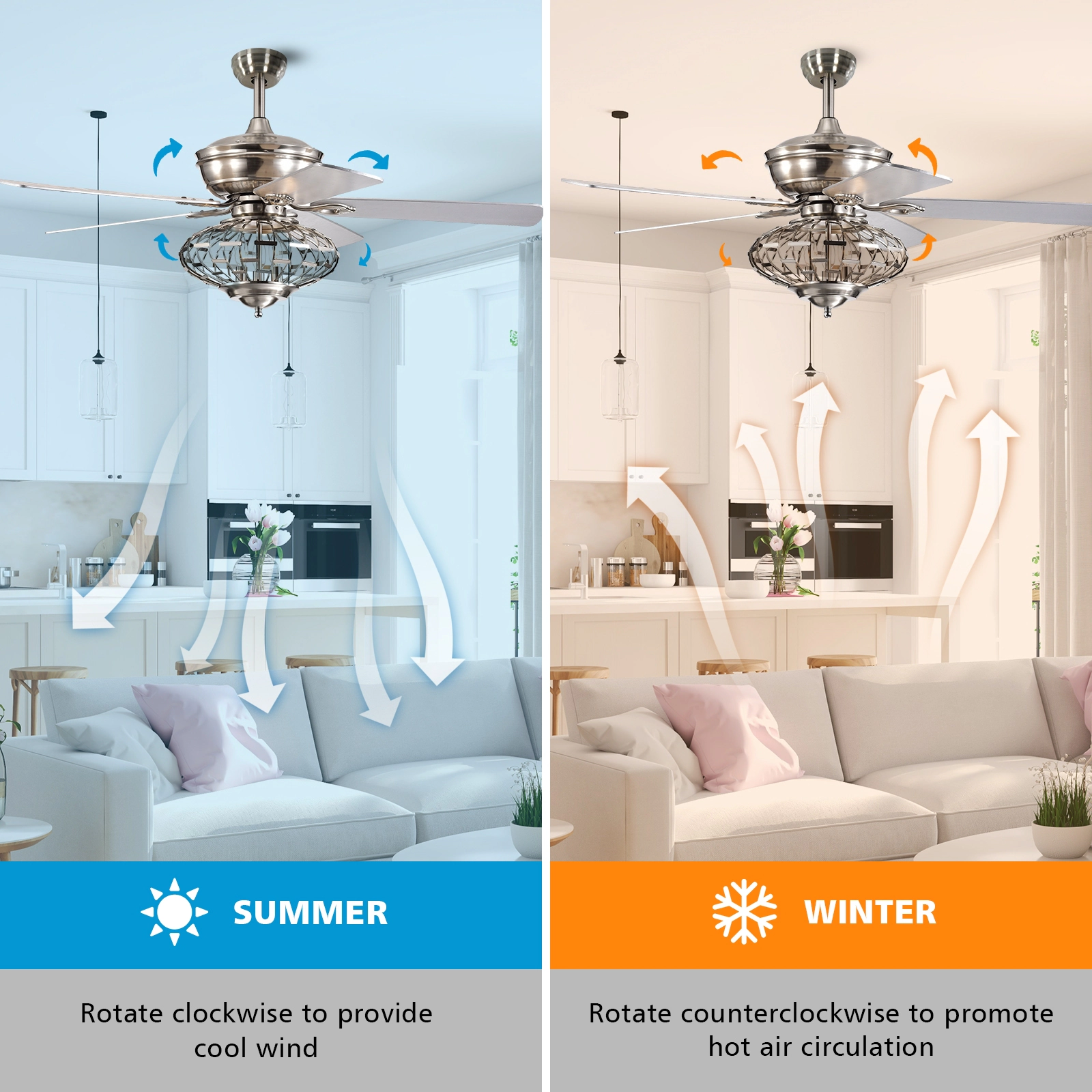 SUGIFT Silver Ceiling Fan with 5 Wooden Blades and Remote Control 52-in Dia 3 Wind Speeds 8H Timer