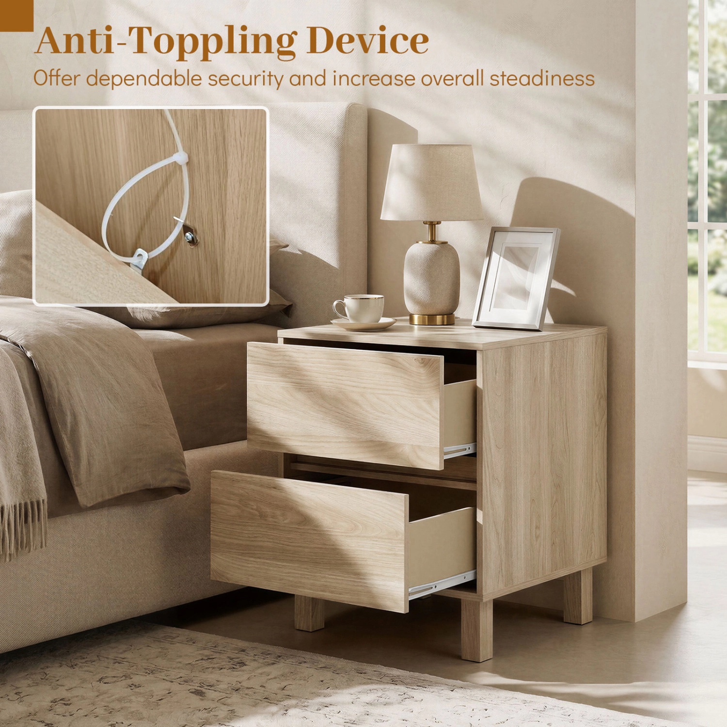 LJG Set of 2 Modern Wooden End Table with 2 Storage Drawers