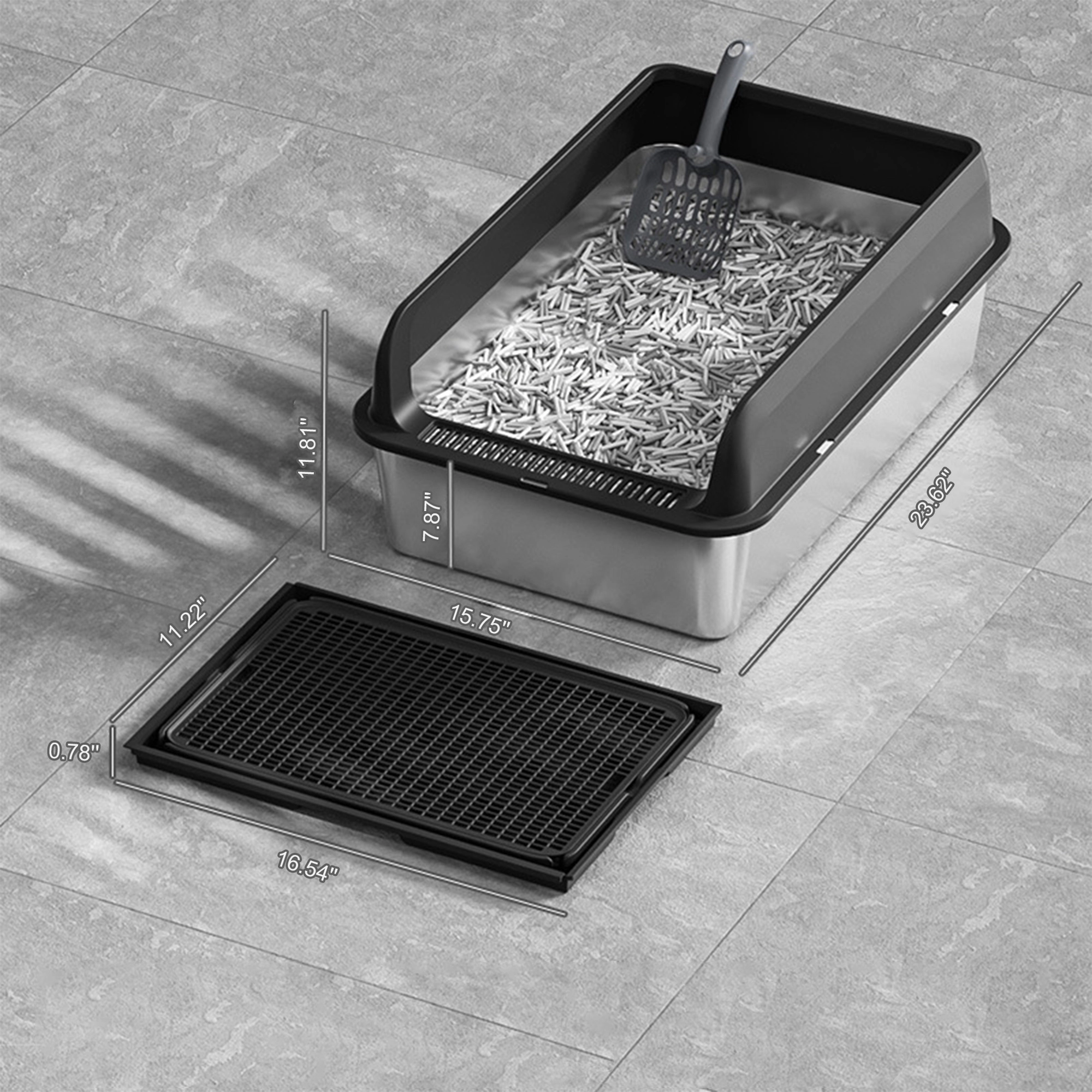 XL Top-Entry Stainless-Steel Cat Litter Box, Anti-Tracking Pan with Mat 60x40x30cm, Black