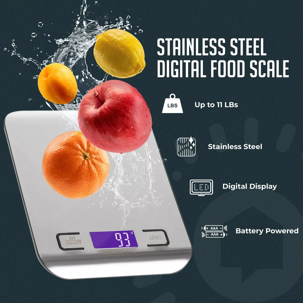 Luminuxe Digital Food Scale – 11 LB Capacity, Tare Function, Stainless Steel, LCD Display, 2 AAA Batteries Included